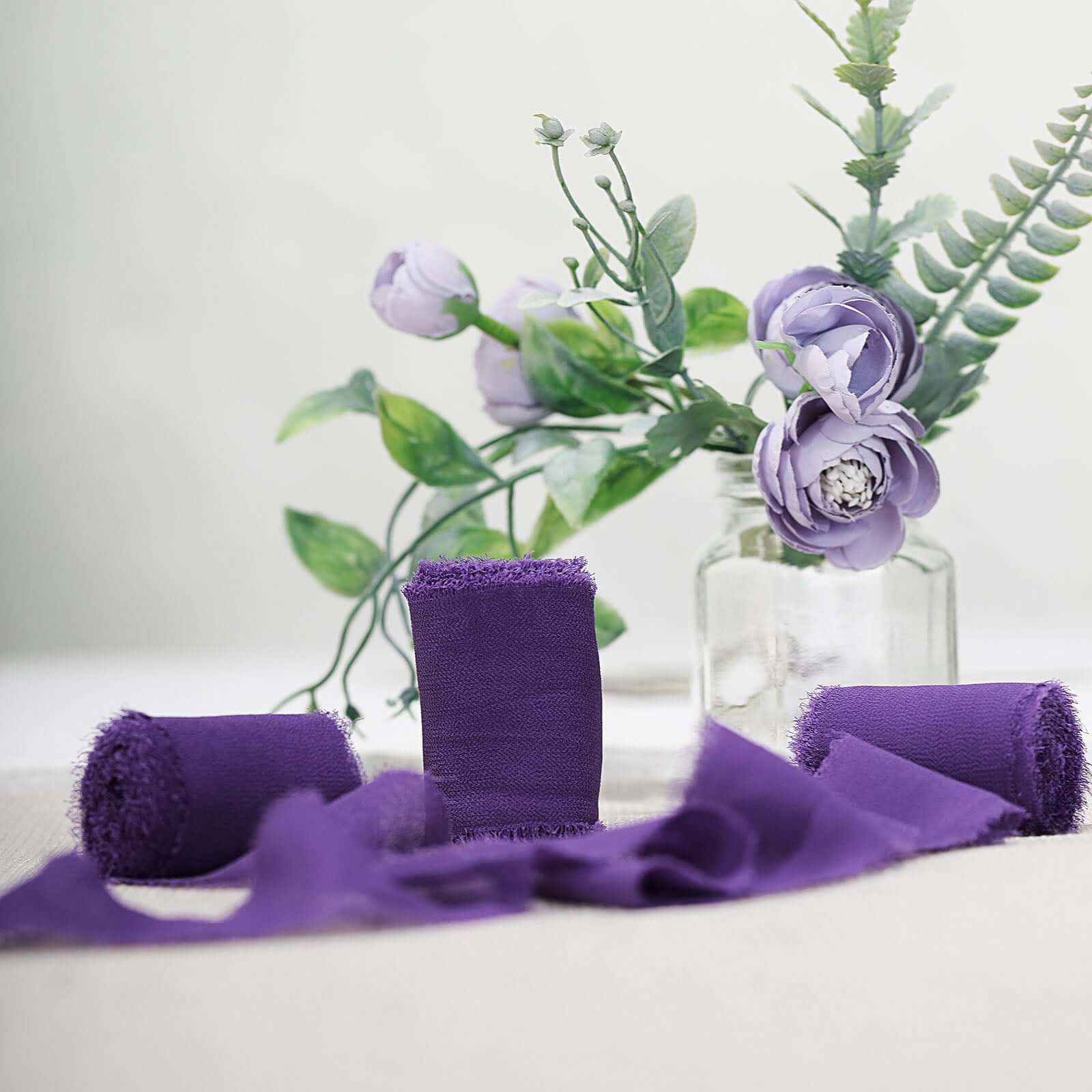 2-Pack 6-Yard Purple Silk-Like Chiffon Linen Ribbon Rolls for Wedding Decor & Gift Wrapping