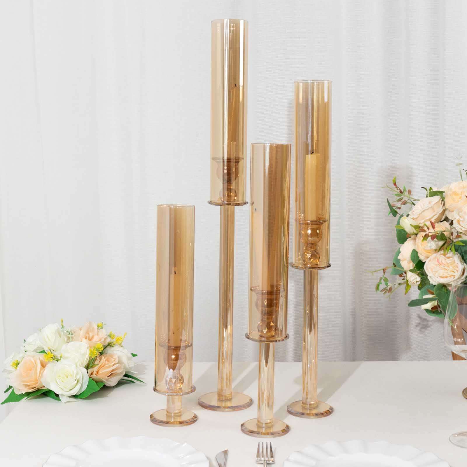 4-Piece Set of Gold Crystal Glass Hurricane Taper Candle Holders - Assorted Sizes