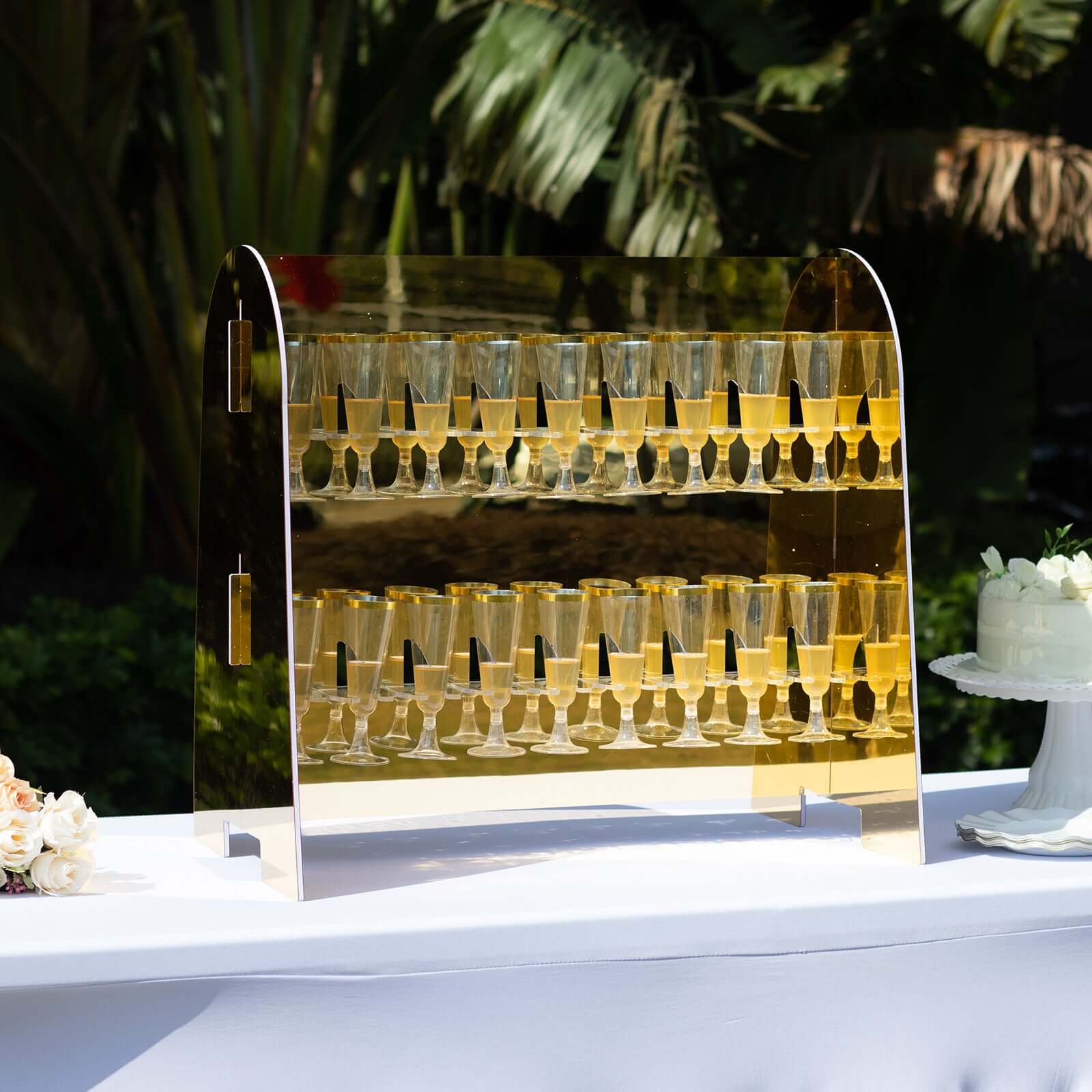 Gold Mirror Finish 2-Tier Champagne Glass Holder Display Stand - Modern Stemware Rack with 18 Hooks for Events