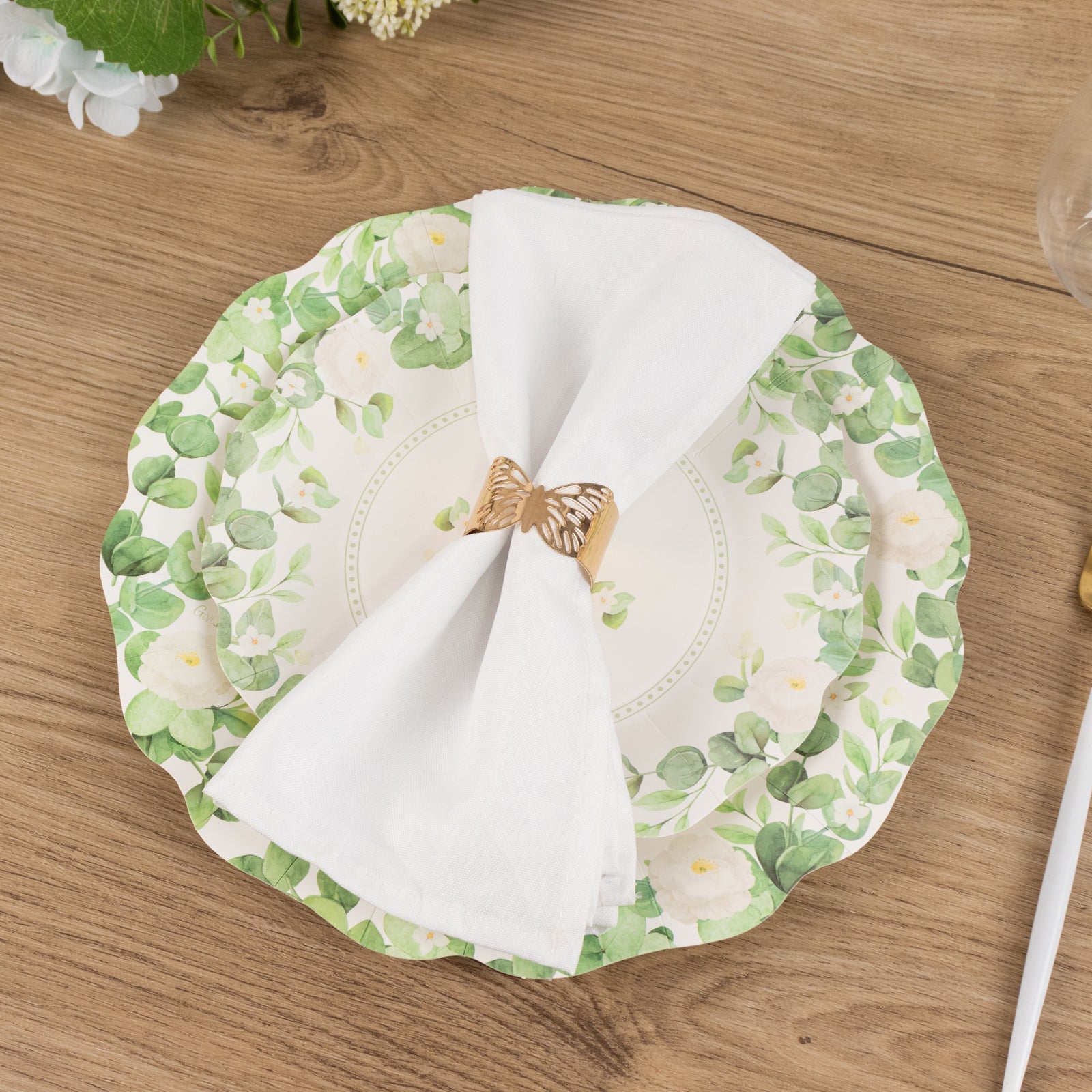 25-Pack Disposable 8-Inch White Floral Greenery Scalloped Edge Paper Dessert Plates - Ideal for Rustic Weddings & Garden Brunches