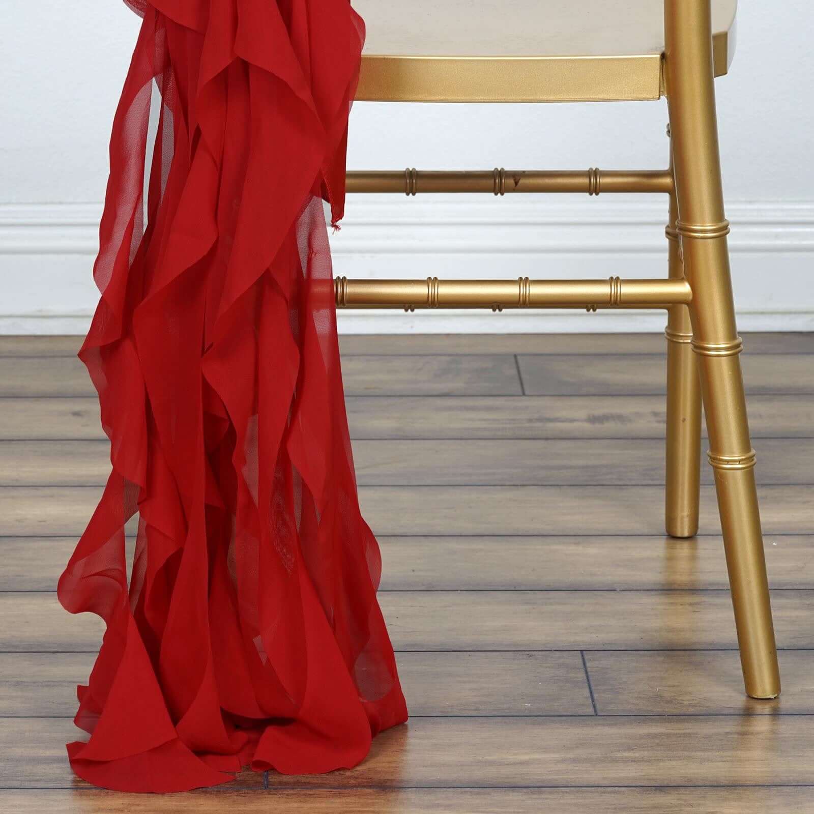 Hot Sale! 1 Set Red Chiffon Chair Sashes with Willow Ruffles Design - Stylish Wedding Chair Decor