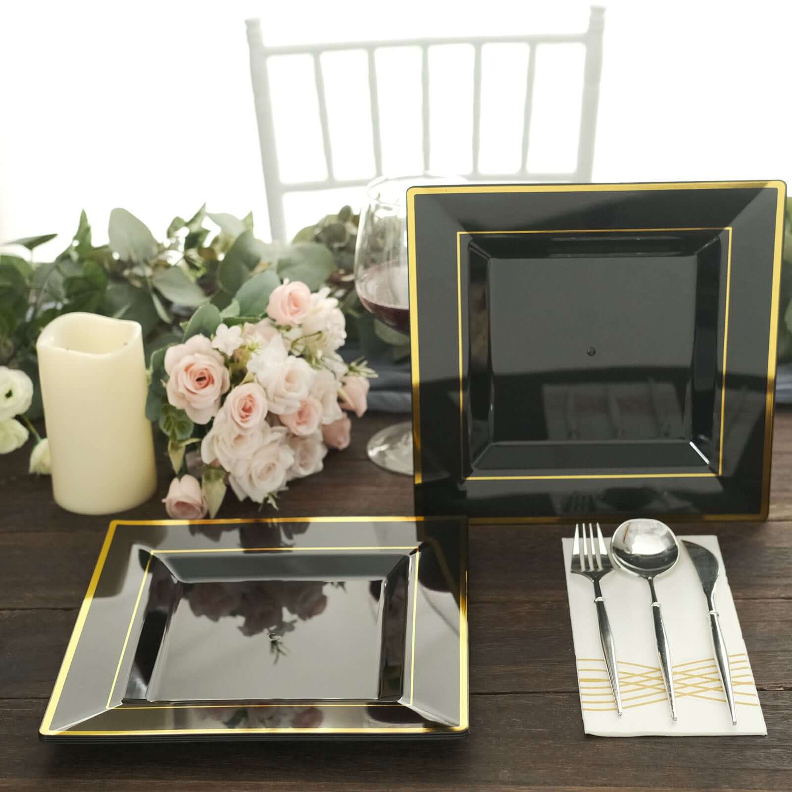 10-Piece Set of Lightweight Disposable Black Square Dinner Plates with Gold Trim