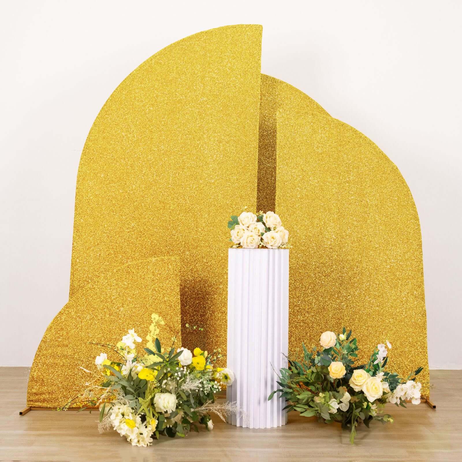 4-Piece Gold Shimmer Tinsel Chiara Wedding Arch Covers for Half Moon Stands (2.5ft - 7ft)