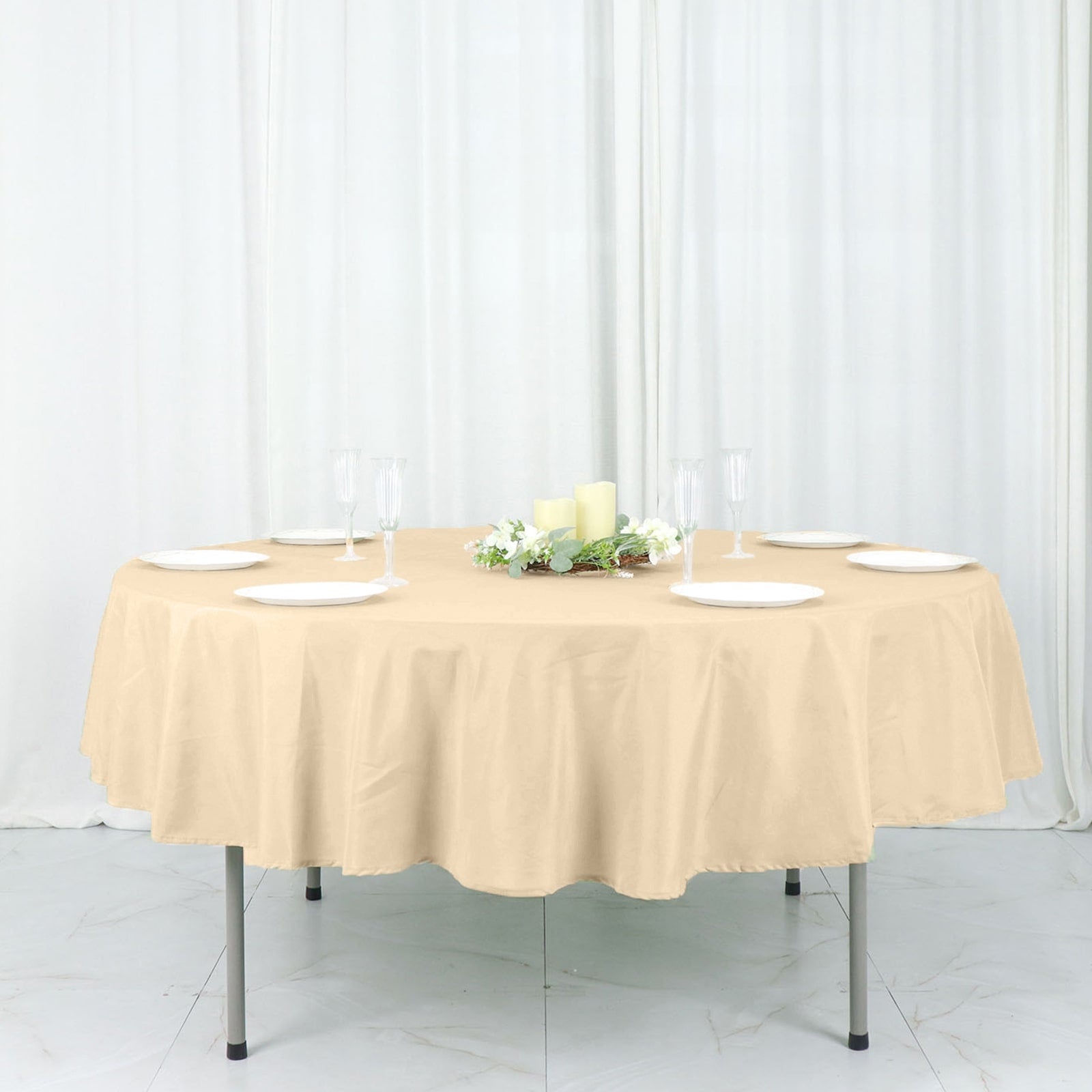 Beige 90" Round Polyester Tablecloth - Stain & Wrinkle-Free, Ideal for Events