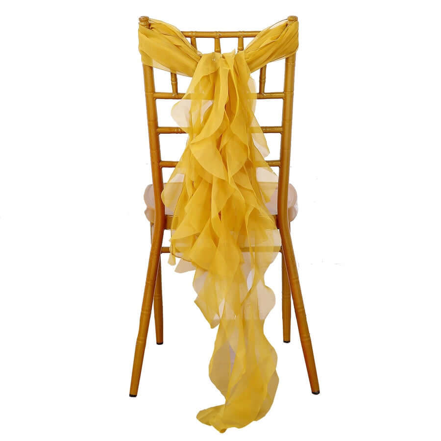 Mustard Yellow Chiffon Chair Sashes Set with Willow Ruffles - Elegant Chair Bow Decor