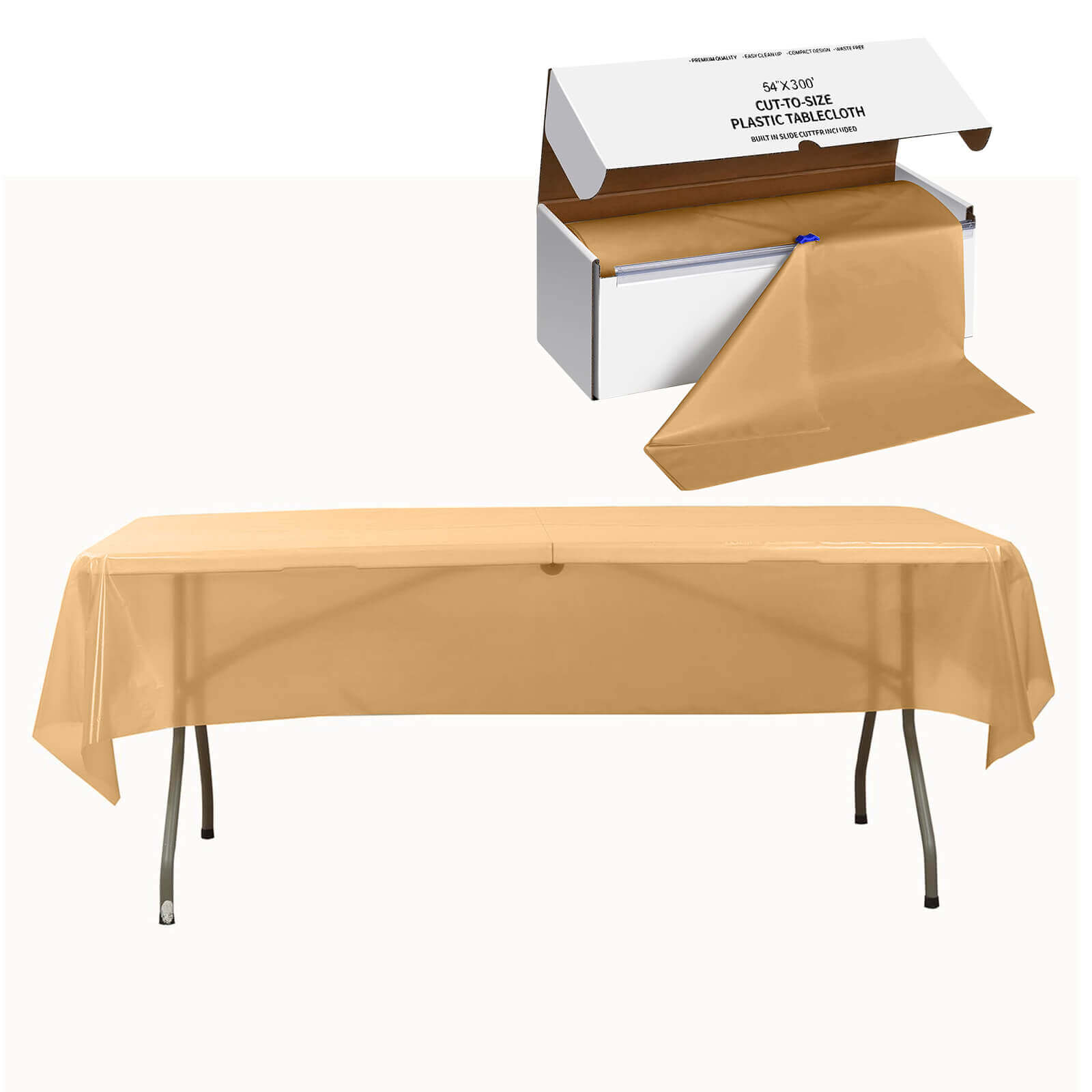 Customizable Gold Plastic Table Cover Roll with Slide Cutter - Great for Events!