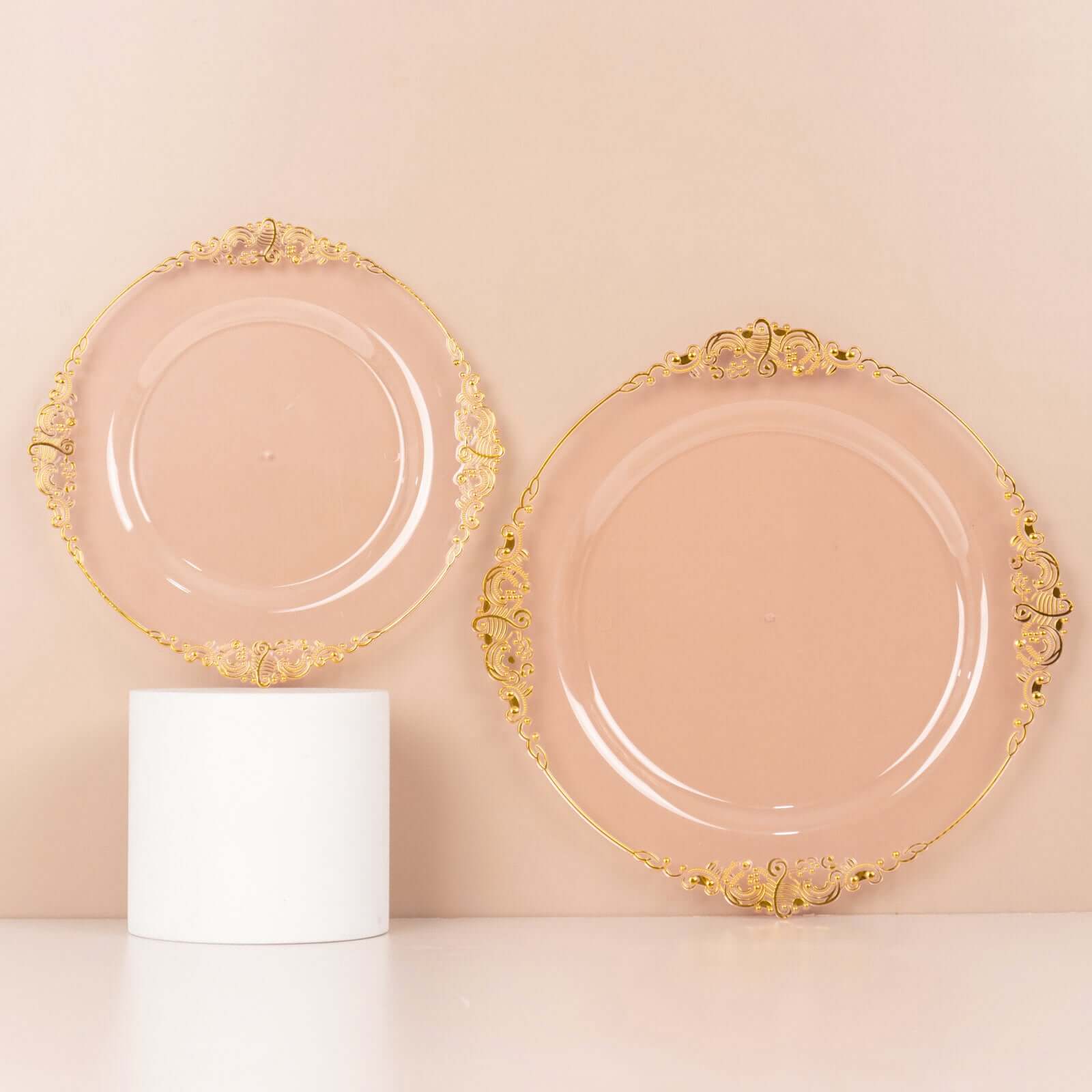 10-Pack Disposable 8" Transparent Blush Plastic Dessert Plates with Gold Leaf Embossed Rim - Vintage Baroque Style