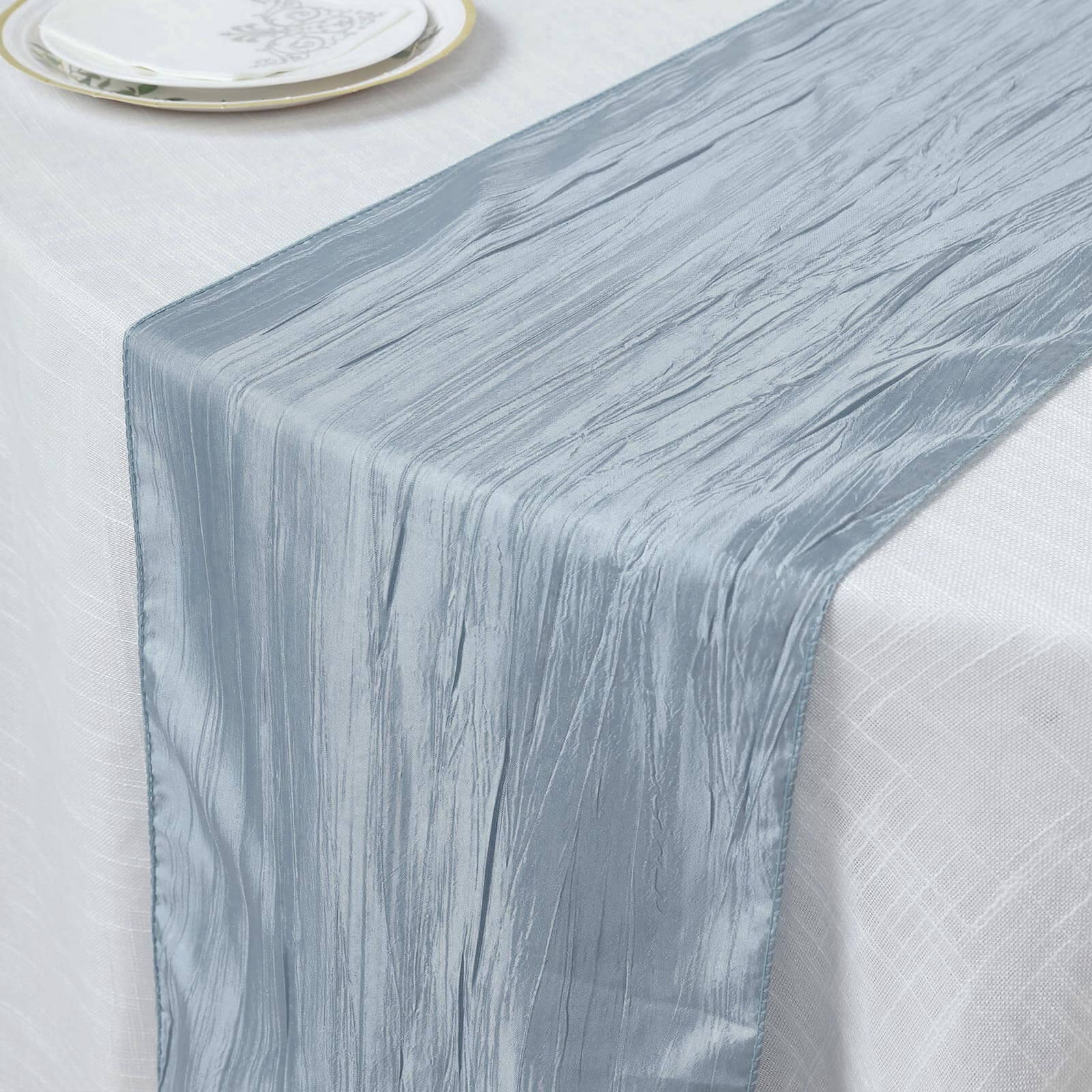 12x108 Dusty Blue Taffeta Table Runner with Accordion Crinkle & Metallic Shine