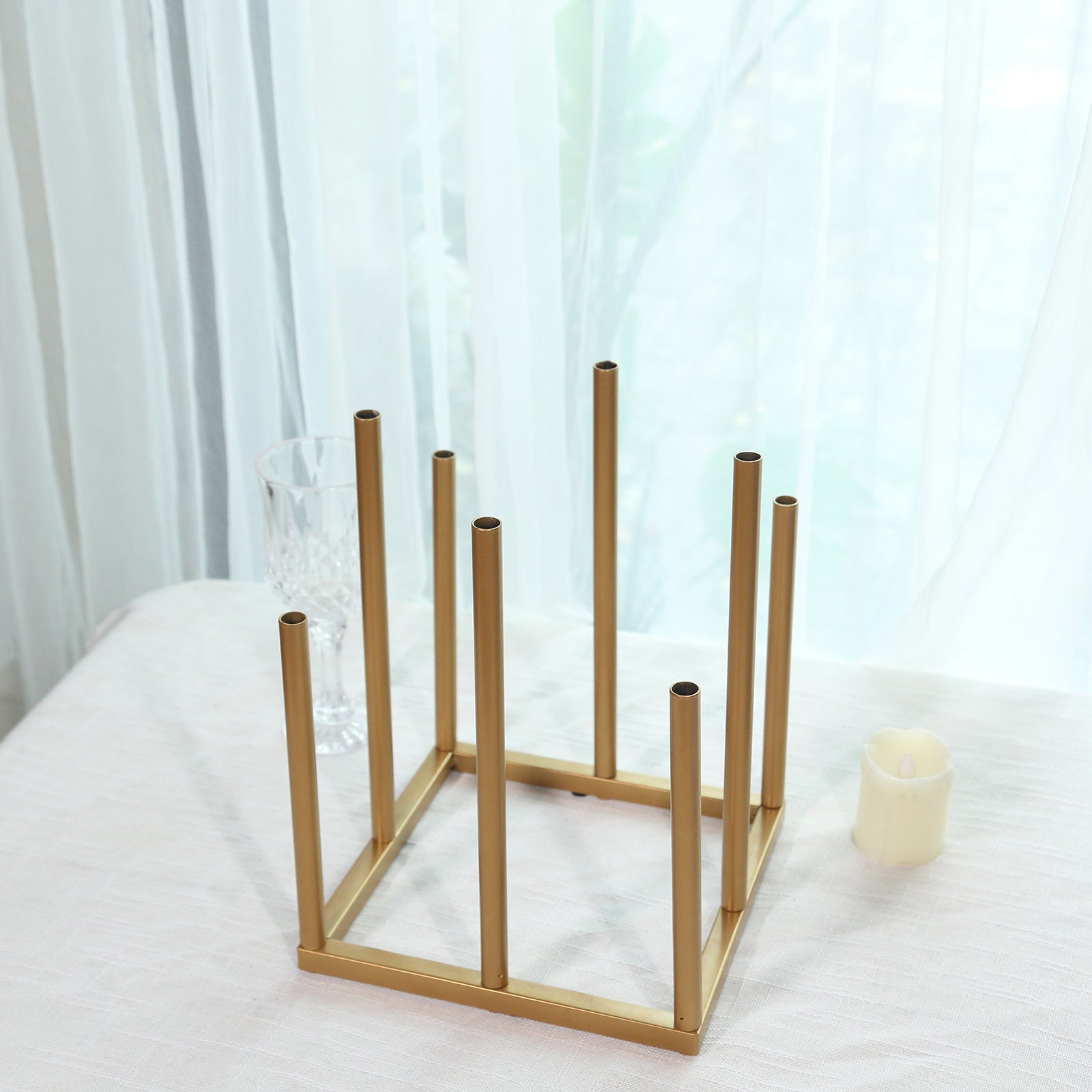 Single Stem Gold Metal Minimalist 8-Tube Flower Vase with Square Base, 10-Inch Tall