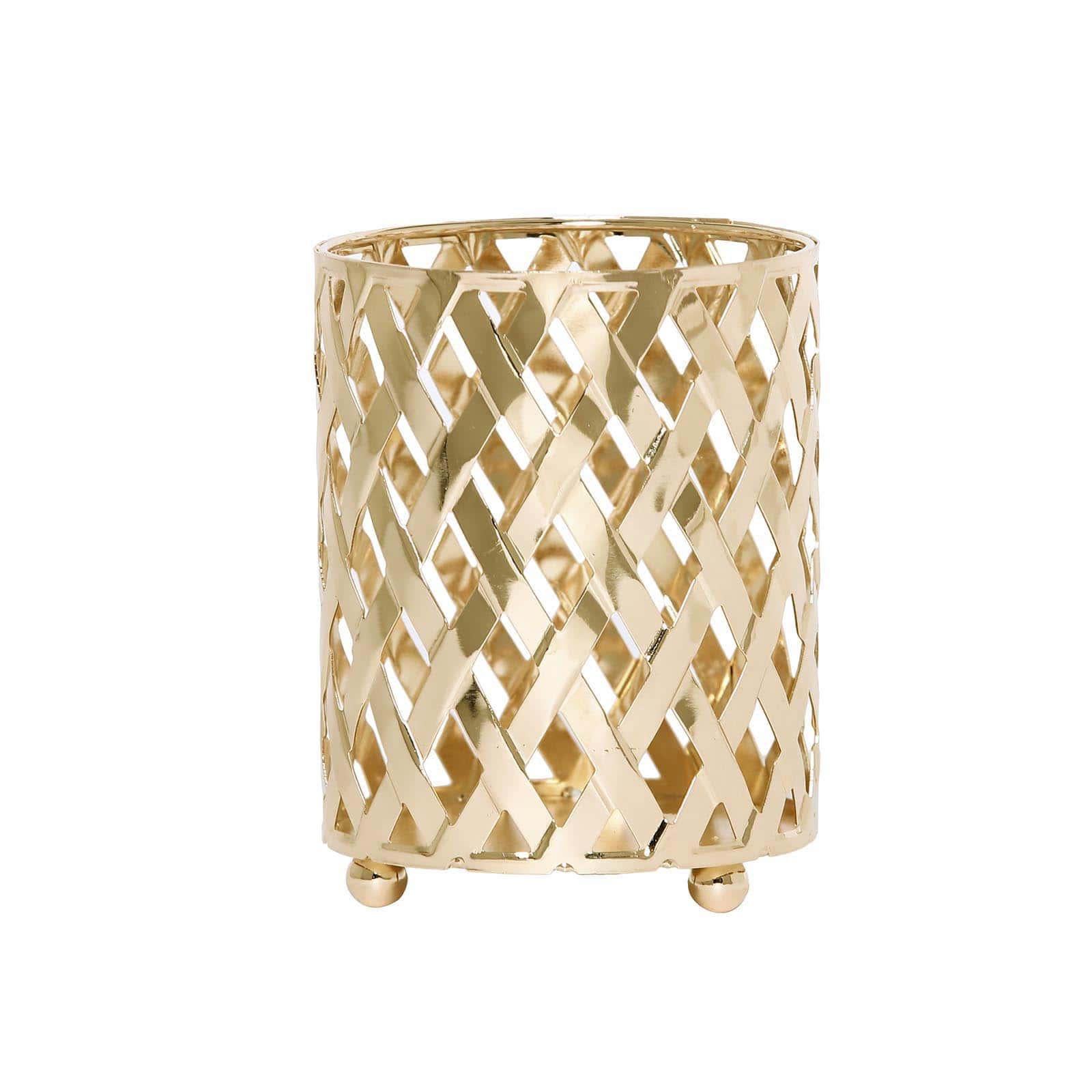 2-Piece Gold Metal Votive Candle Holders with Diamond Cut Geometric Design for Home and Events