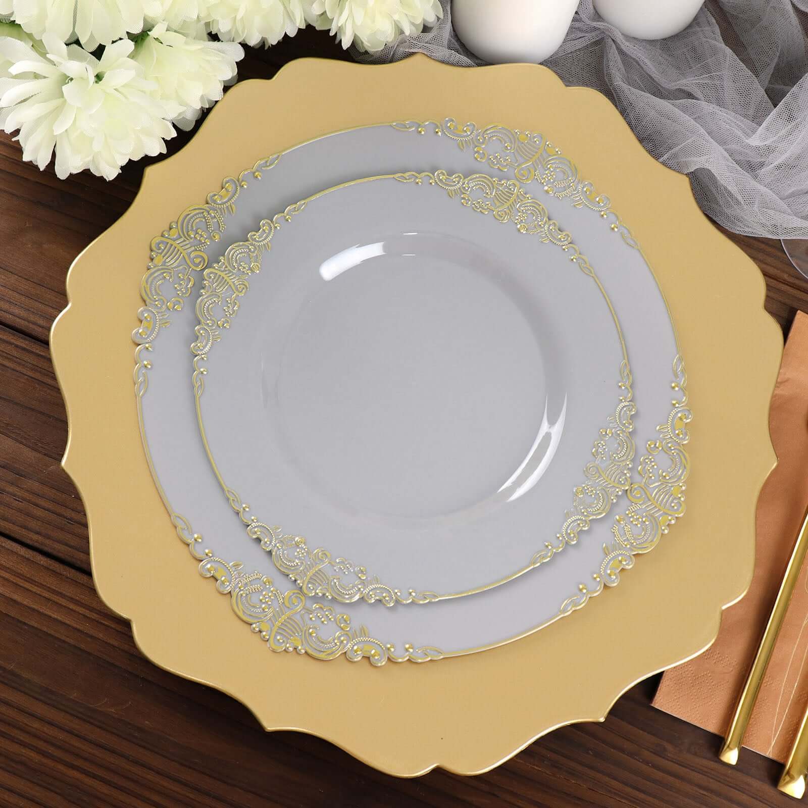 10-Pack Disposable Gray Plastic Round Dessert Plates with Gold Leaf Embossed Rim, Baroque Style
