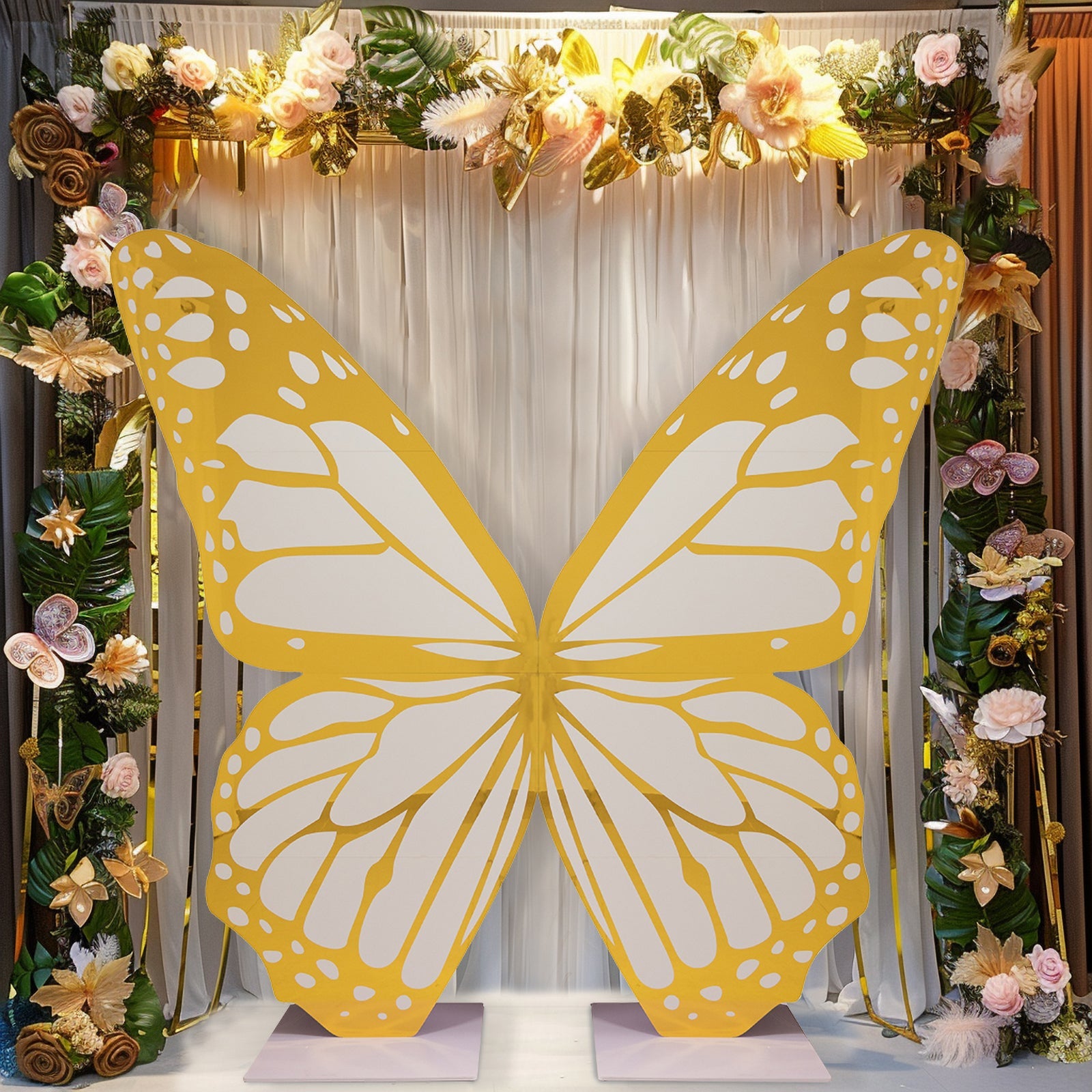 6.5ft Free-Standing Glossy White Gold Monarch Butterfly Wings Backdrop for Party