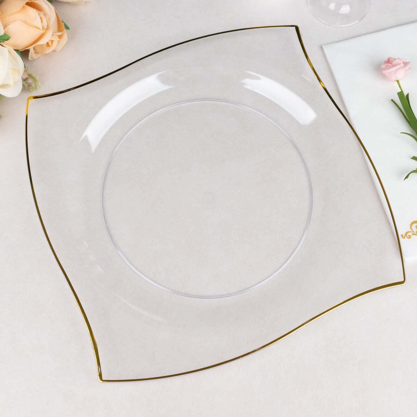 10-Pack Disposable Clear Plastic Square Dinner Plates with Gold Wavy Rim