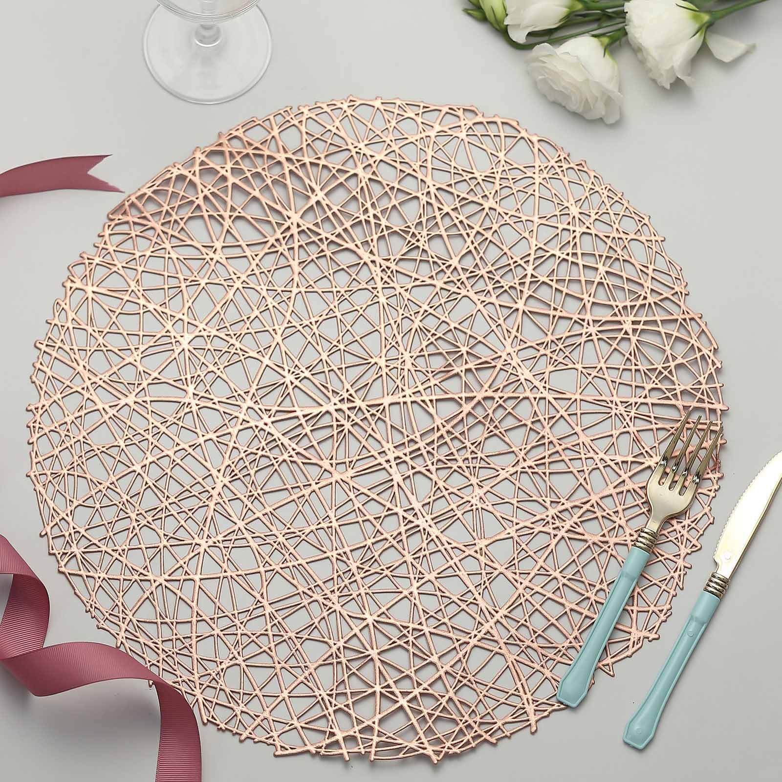 Hot Sale! 6-Piece Set of Durable Rose Gold Vinyl Round Dining Table Placemats with Woven Design