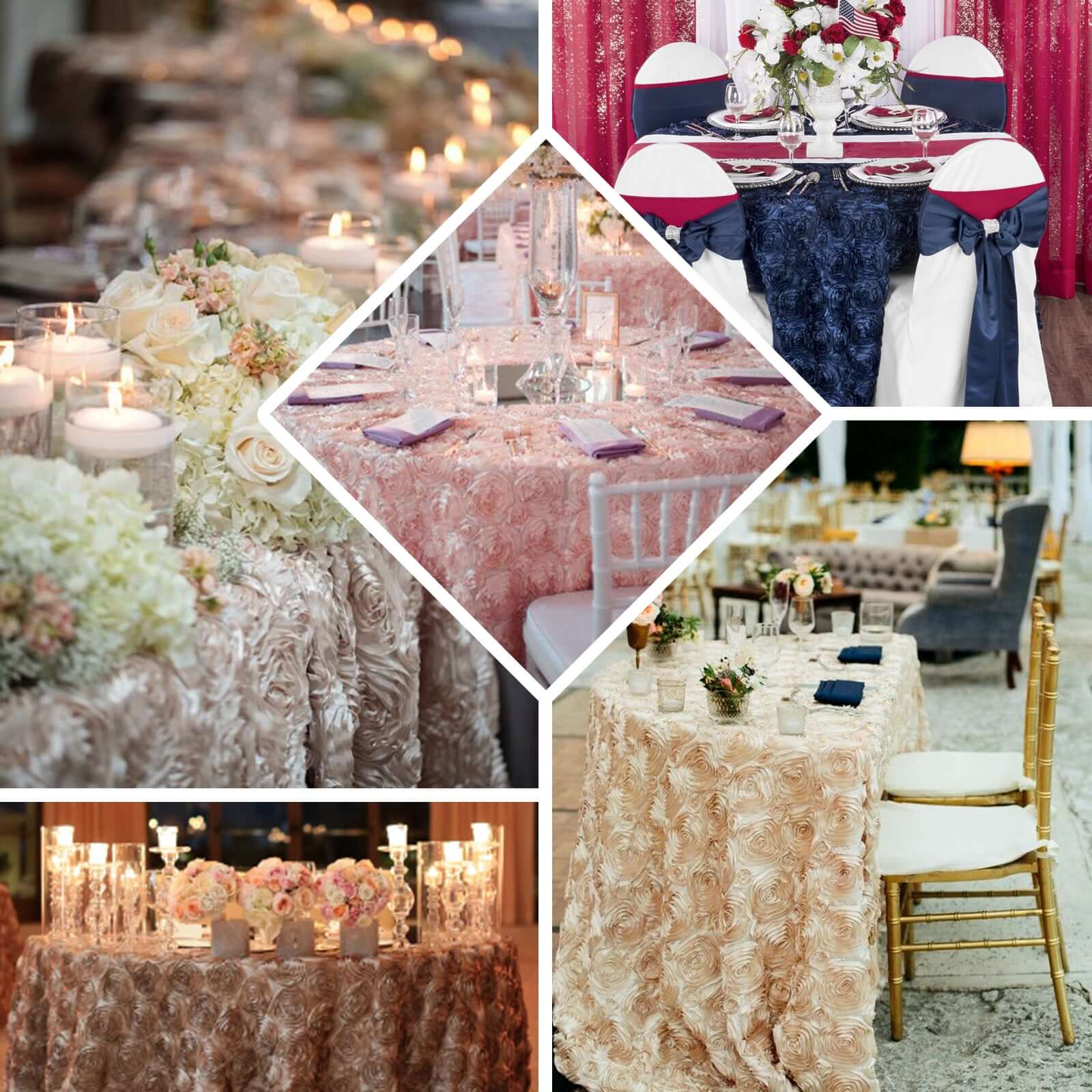Hot Sale! Seamless 3D Rosette Ivory Satin 132 - inch Round Tablecloth for Special Events