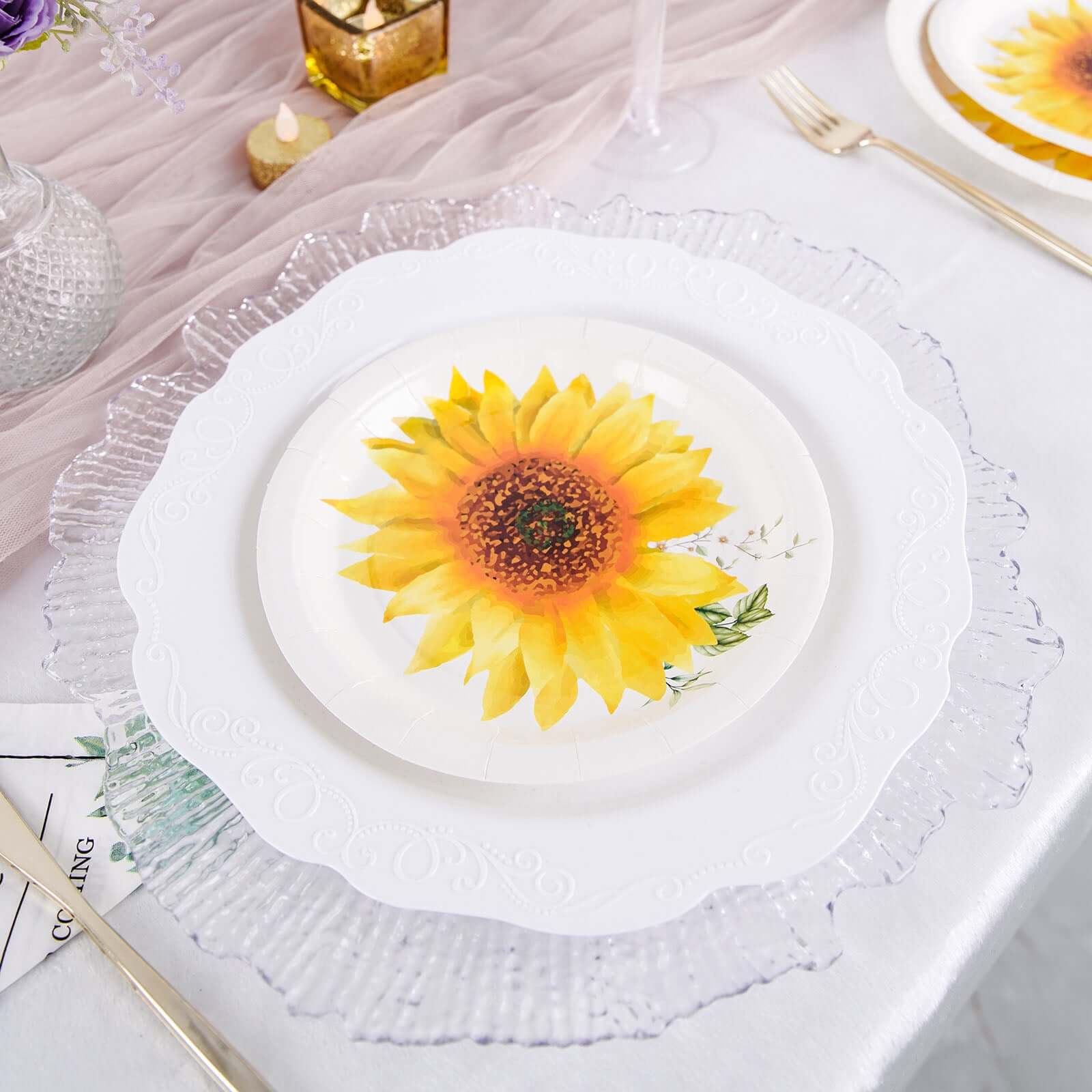 25-Pack Disposable 7-Inch Round White Paper Dessert Plates with Sunflower Design - Ideal for Rustic & Garden Events
