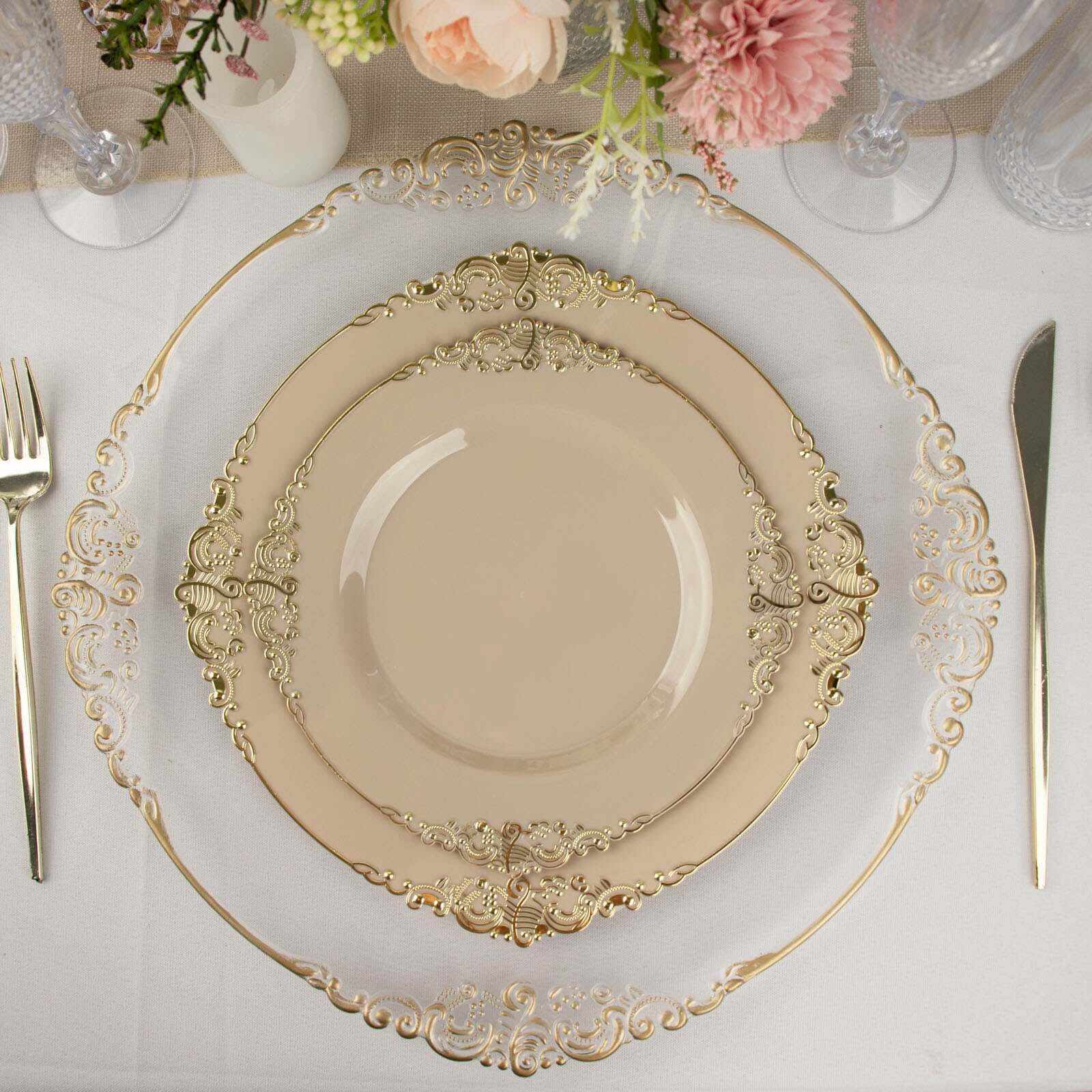 10-Pack Disposable Taupe Plastic Round Dessert Plates with Gold Leaf Embossed Rim - Vintage Baroque Style