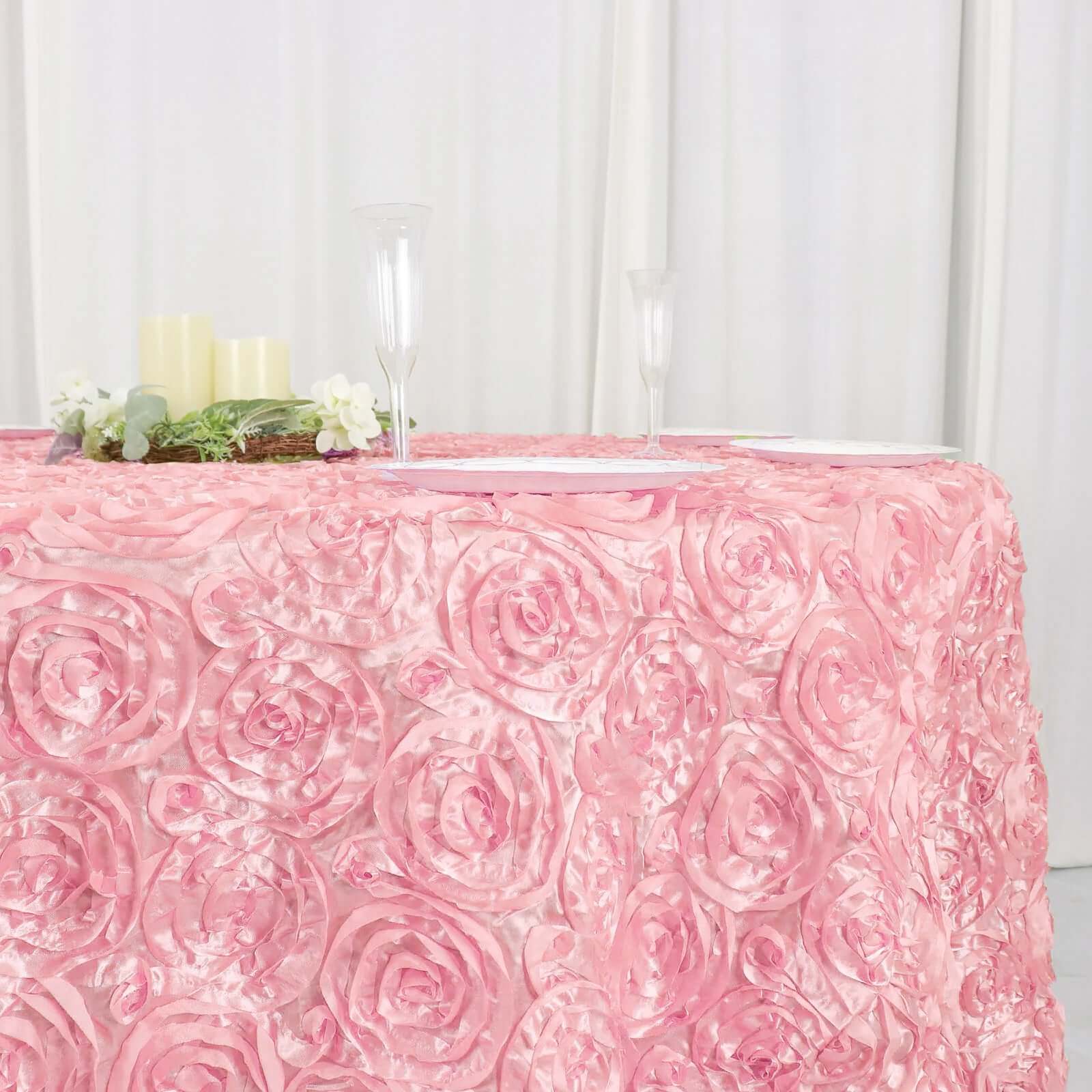 Hot Sale! 120-Inch Pink Satin Round Tablecloth with Stunning 3D Rosette and Seamless Finish