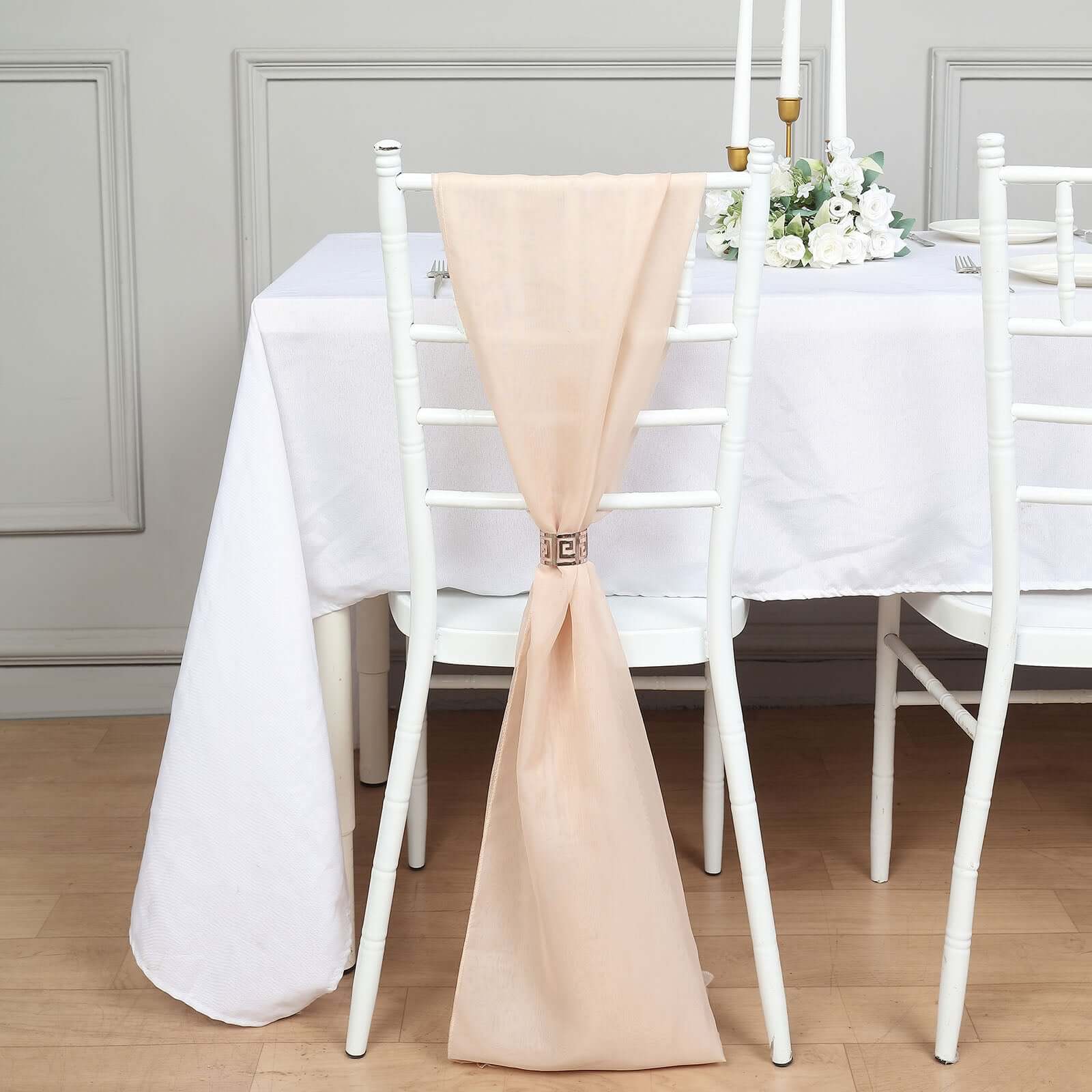 Get 5-Pack Premium Nude Chiffon Chair Sashes - Soft, Lightweight Designer Bows 22x78