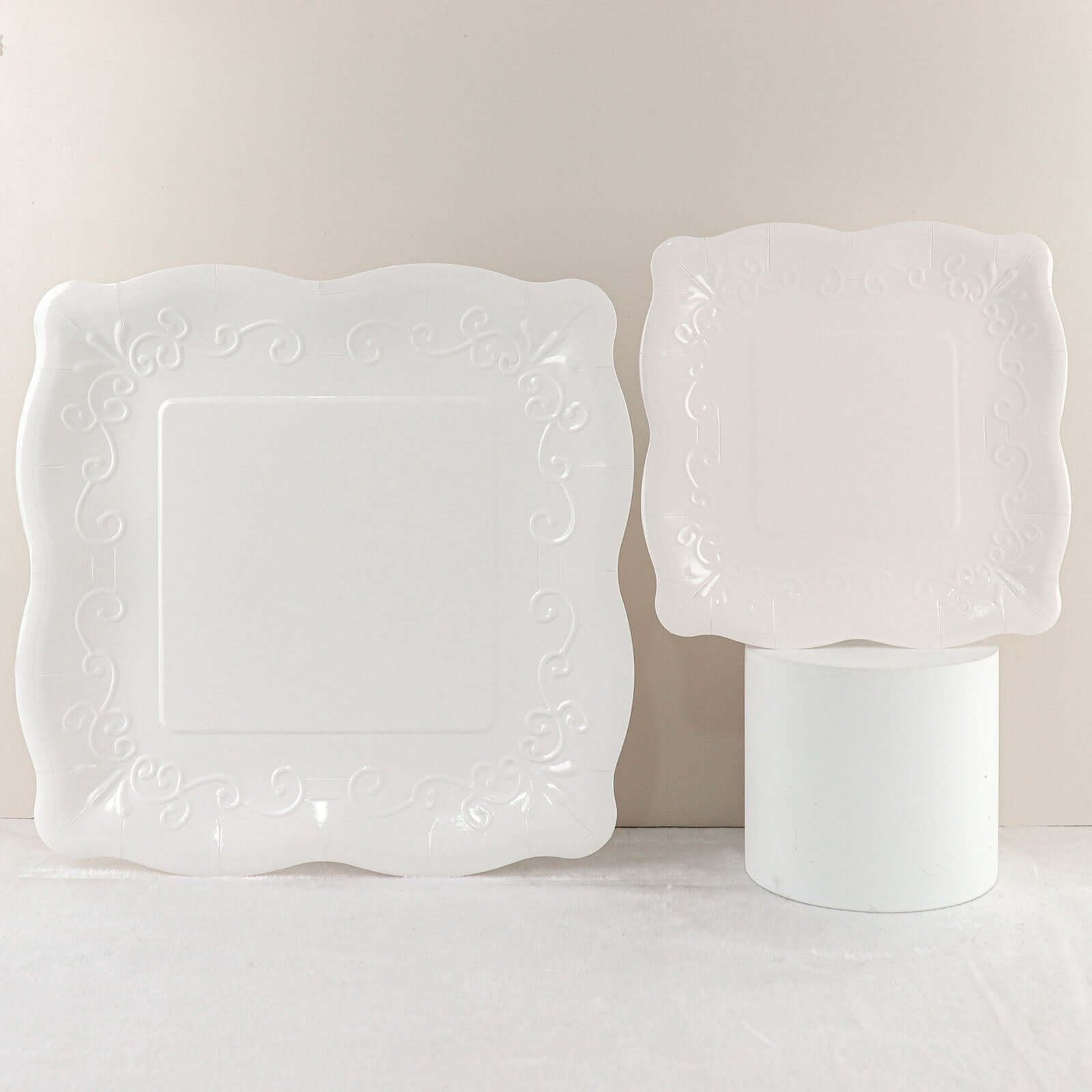 25-Pack White Square 7-Inch Disposable Dessert Plates with Vintage Pottery Embossed Design - Ideal for Special Events