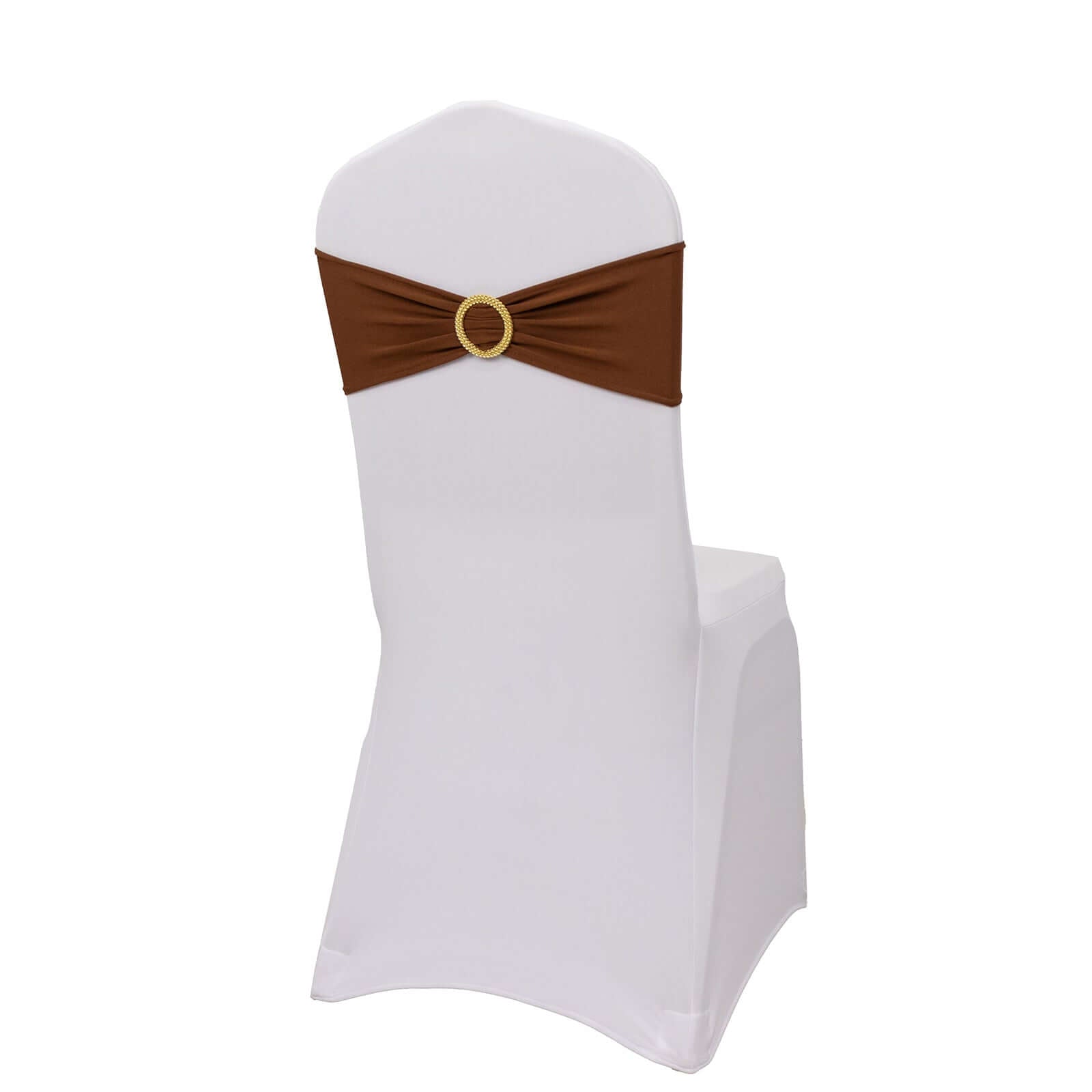 Hot Sale! 5-Piece Set of Reusable Cinnamon Brown Spandex Chair Sashes with Gold Rhinestone Buckles, 5x14