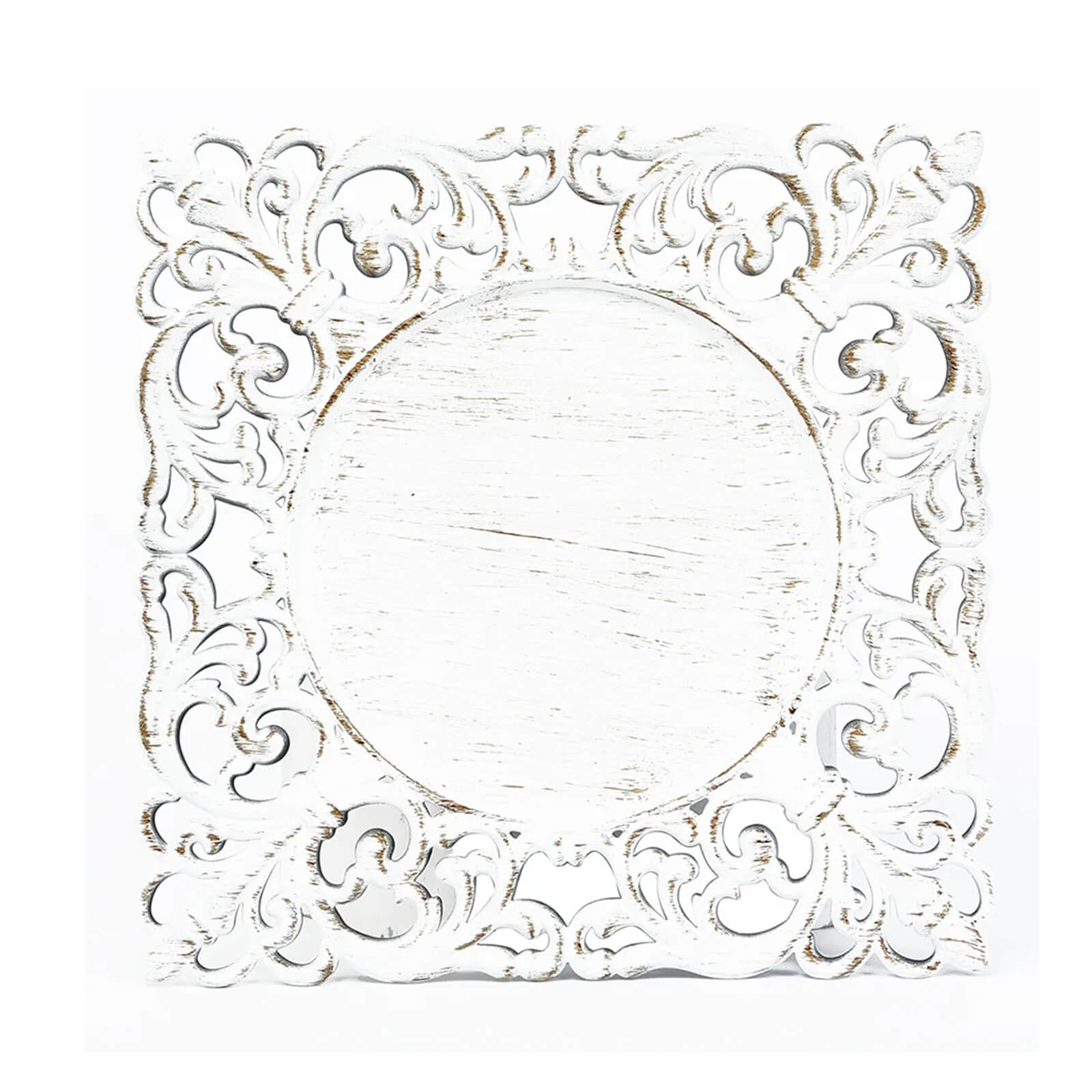 6-Piece Set of Whitewashed Acrylic Square Charger Plates with Hollow Lace Border, 12 Inches, Ideal for Events