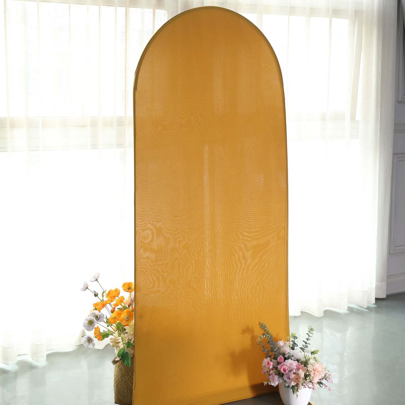 Exclusive 6ft Matte Gold Spandex Fitted Cover for Round Top Wedding Arch - Ideal Decor!