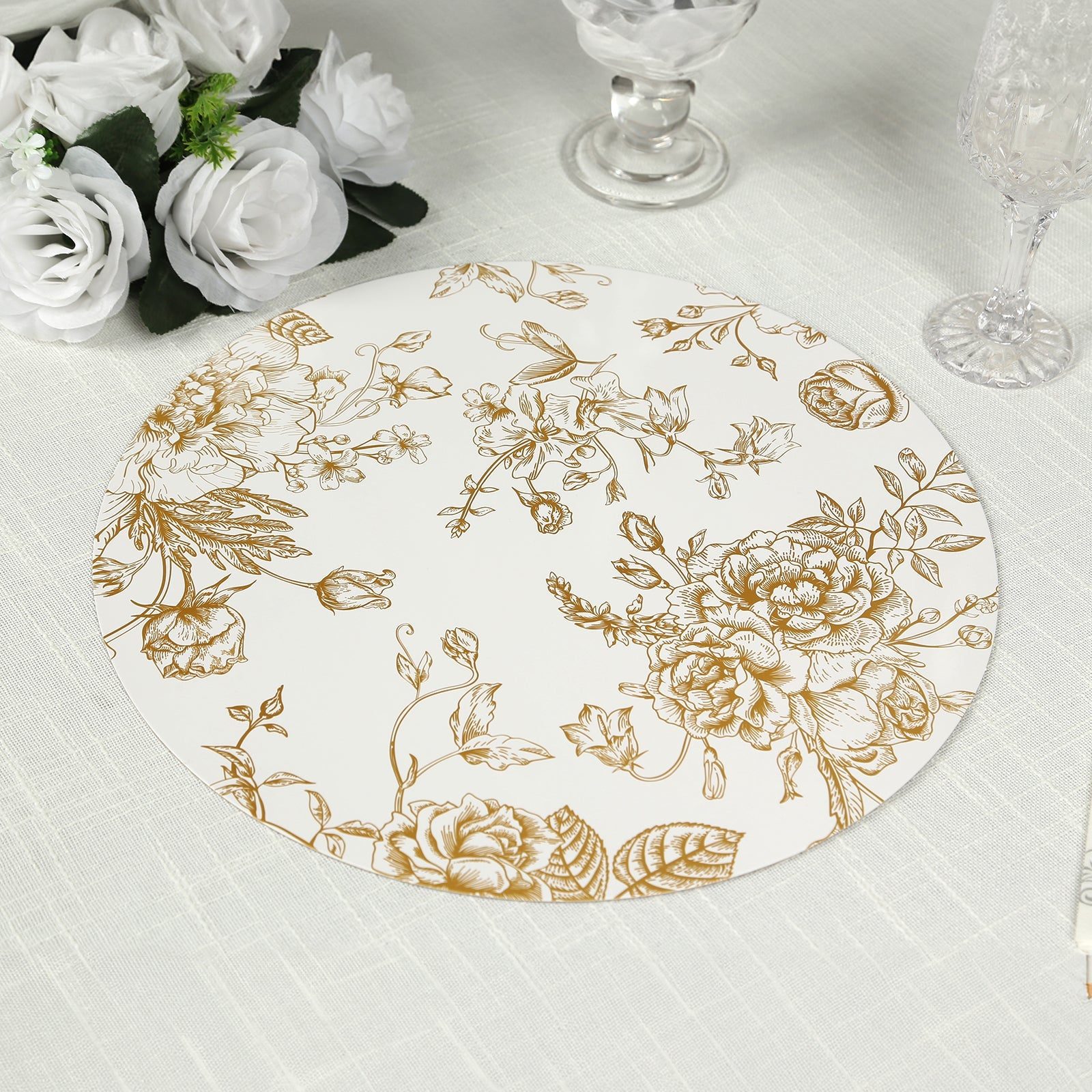 Hot Deal! 6-Pack White/Gold French Toile Print Disposable Cardboard Placemats, 13-Inch