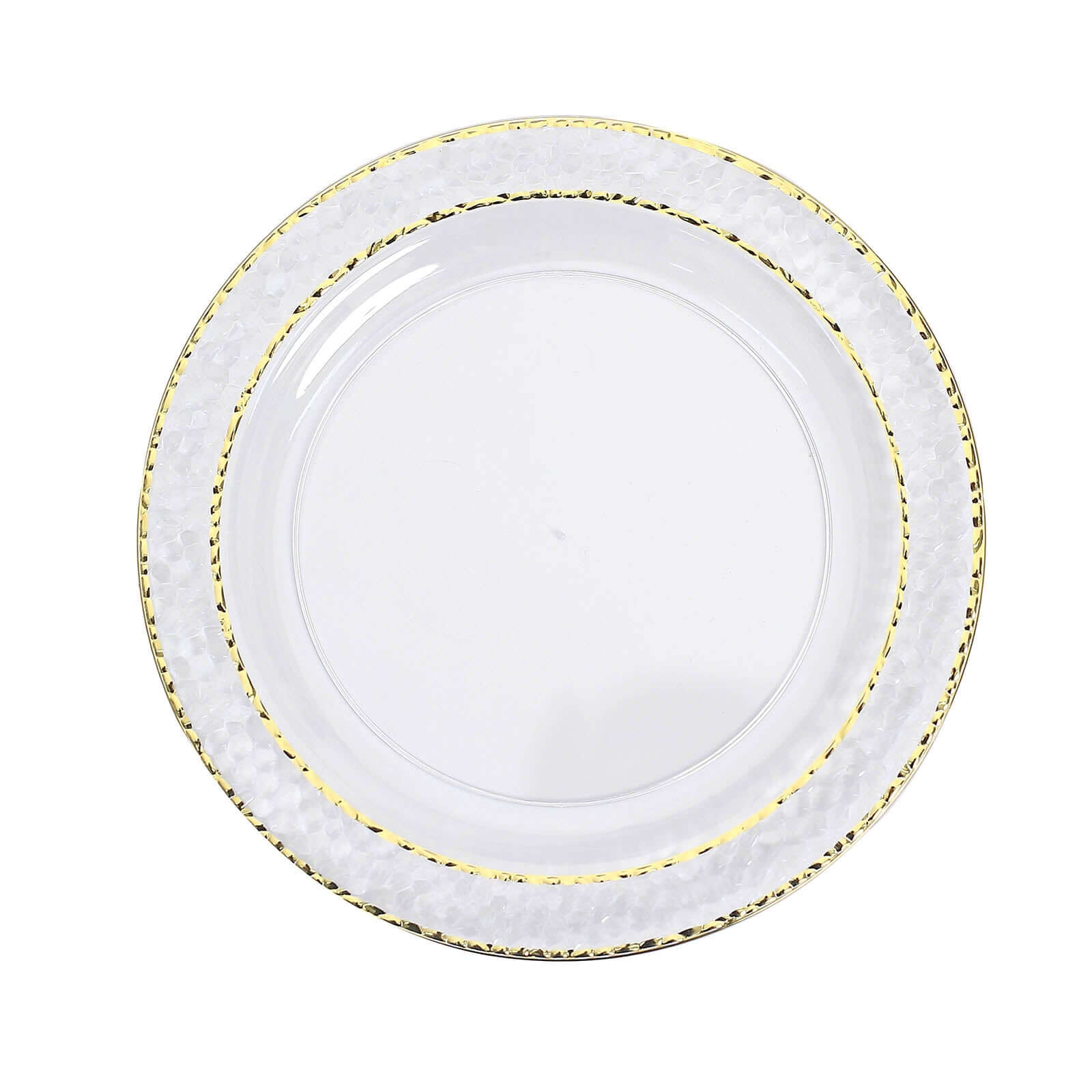 Special Offer! 10-Pack Disposable Round Plastic Dinner Plates with Clear Hammered Design and Gold Rim for Chic Events