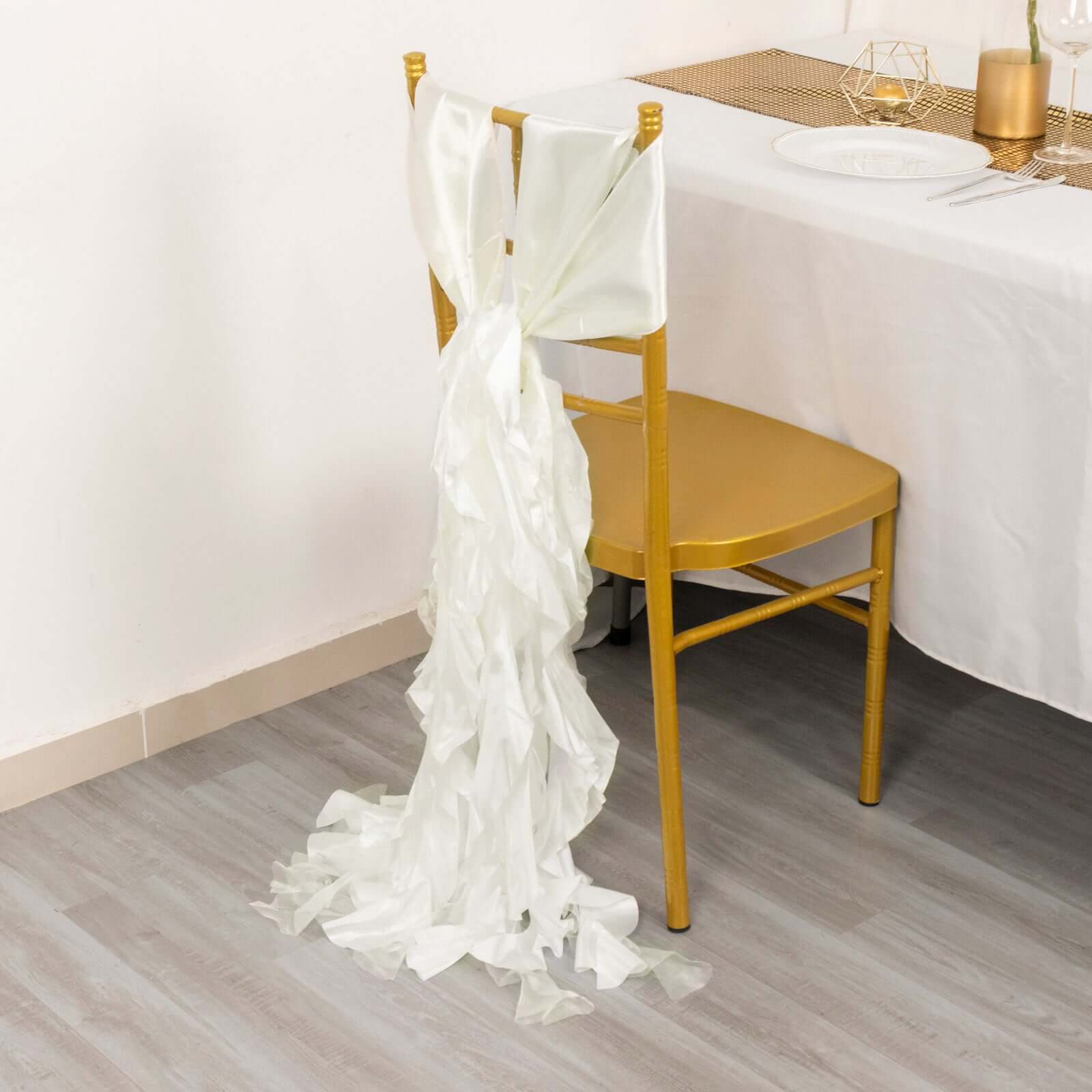 5-Pack Ivory Chiffon Satin Chair Sashes with Curly Willow Style - Easy Installation