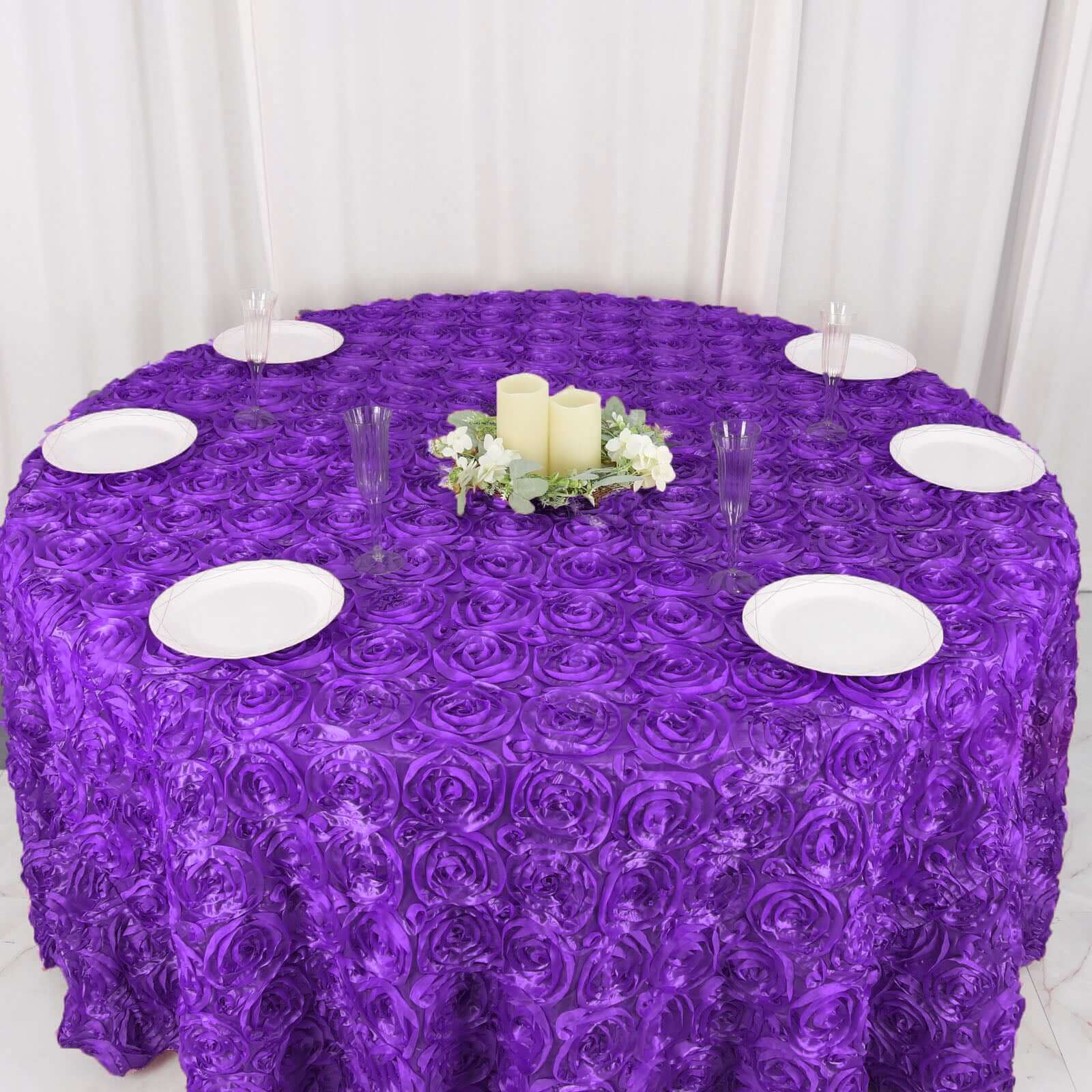 Hot Sale! Purple Satin 120-Inch Round Tablecloth with 3D Rosette and Seamless Finish