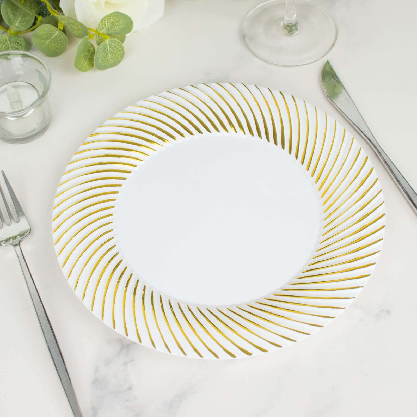 10-Pack Disposable White Dinner Plates with Gold Swirl Rim - Ideal for Parties