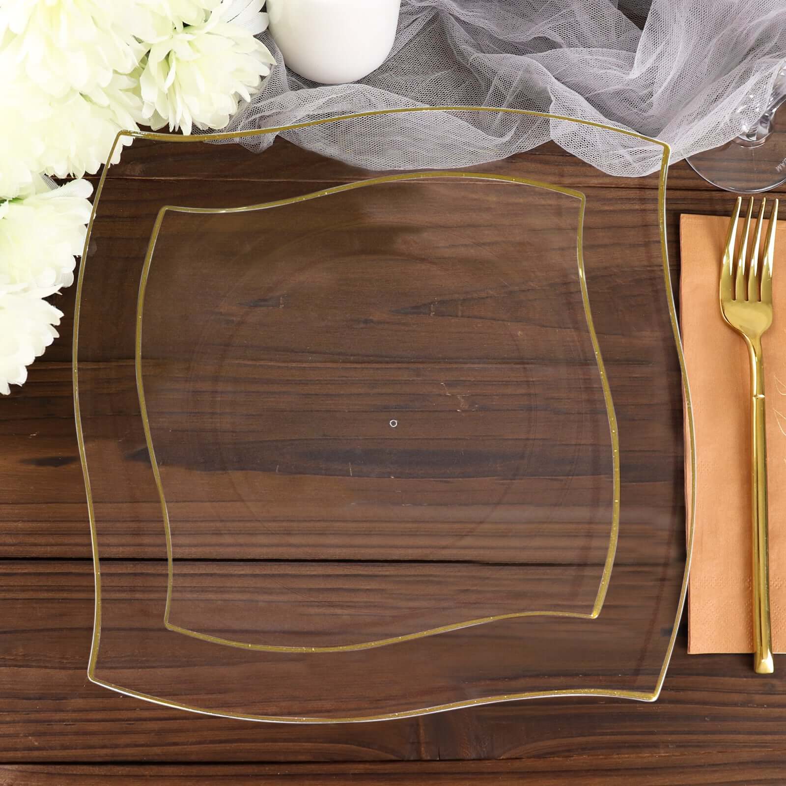 10-Piece Set of Clear Plastic Square Dessert Plates with Gold Wavy Rim - Disposable for Party Use