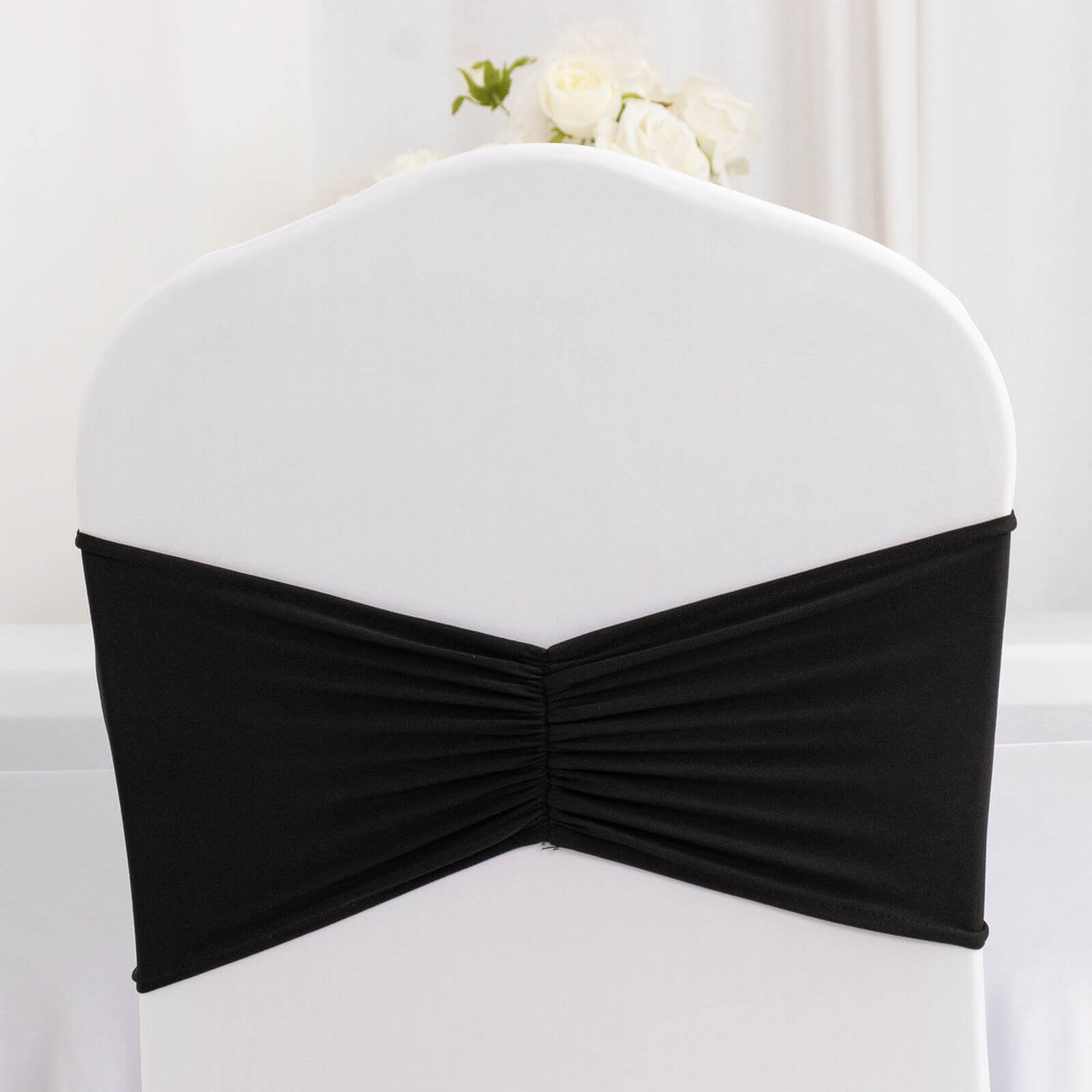 5-Pack Black Ruffled Spandex Chair Sashes - Wide, Stretchable and Easy-to-Use Decor Bands