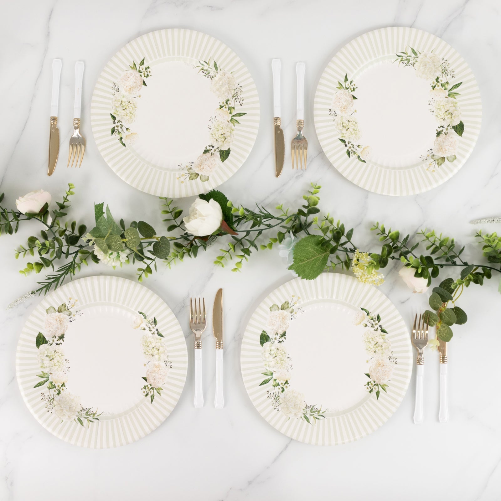 25-Piece Set of 10.5-Inch White Paper Dinner Plates with Sage Green Floral Design & Lined Edge - Ideal for Party Events