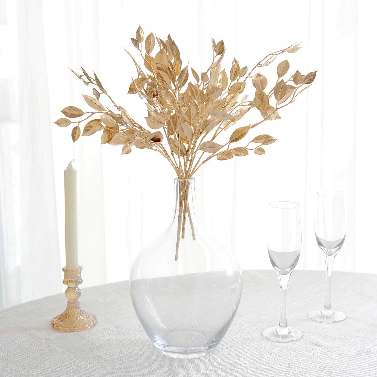 4-Piece Metallic Gold Artificial Italian Ruscus Leaf Branches for Stunning Tablescapes and Floral Decor