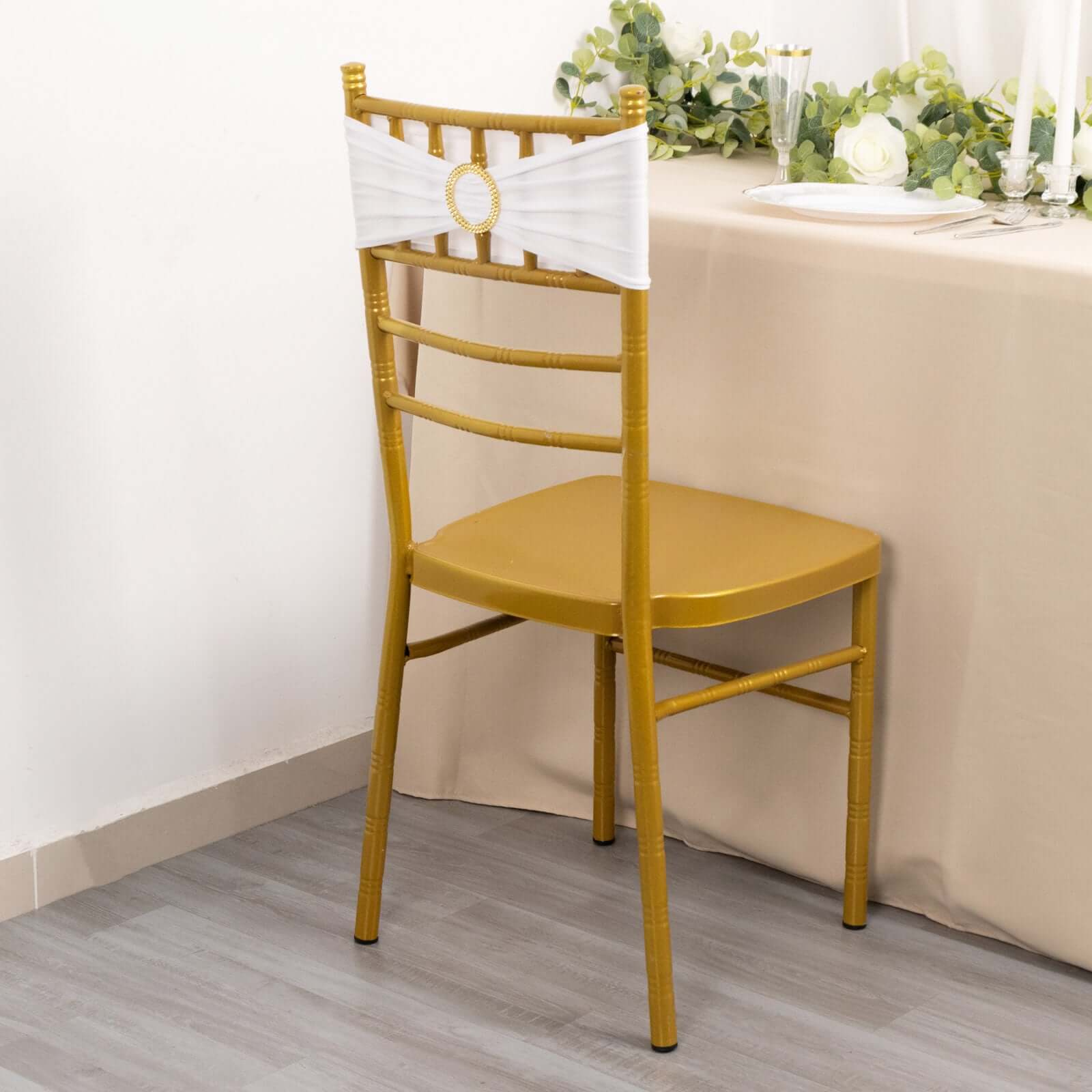 5-Piece Reusable White Spandex Chair Sashes with Gold Rhinestone Plastic Buckles for Weddings and Parties