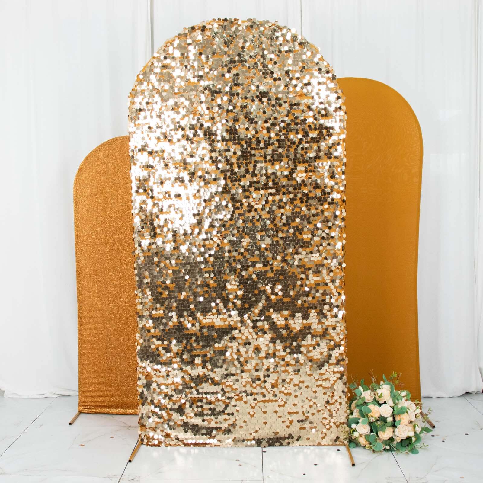 3-Piece Gold Round Top Wedding Arch Frame Covers in Sequin, Tinsel & Spandex
