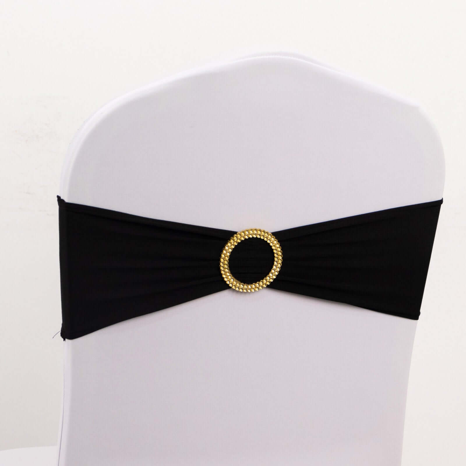 Hot Sale! 5-Piece Set of Reusable Black Spandex Chair Sashes with Gold Rhinestone Plastic Buckles