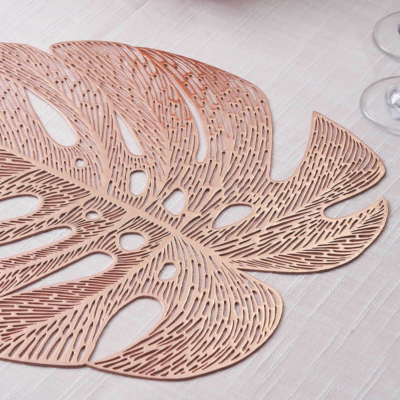 6-Piece Rose Gold Monstera Leaf Design Vinyl Dining Table Mats - Non-Slip for Tropical Decor
