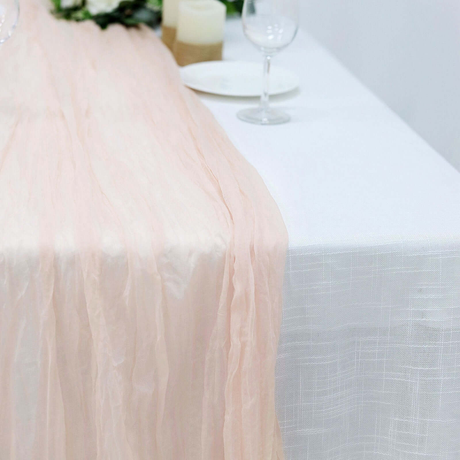 10ft Blush Gauze Cheesecloth Table Runner in Rustic Boho Style