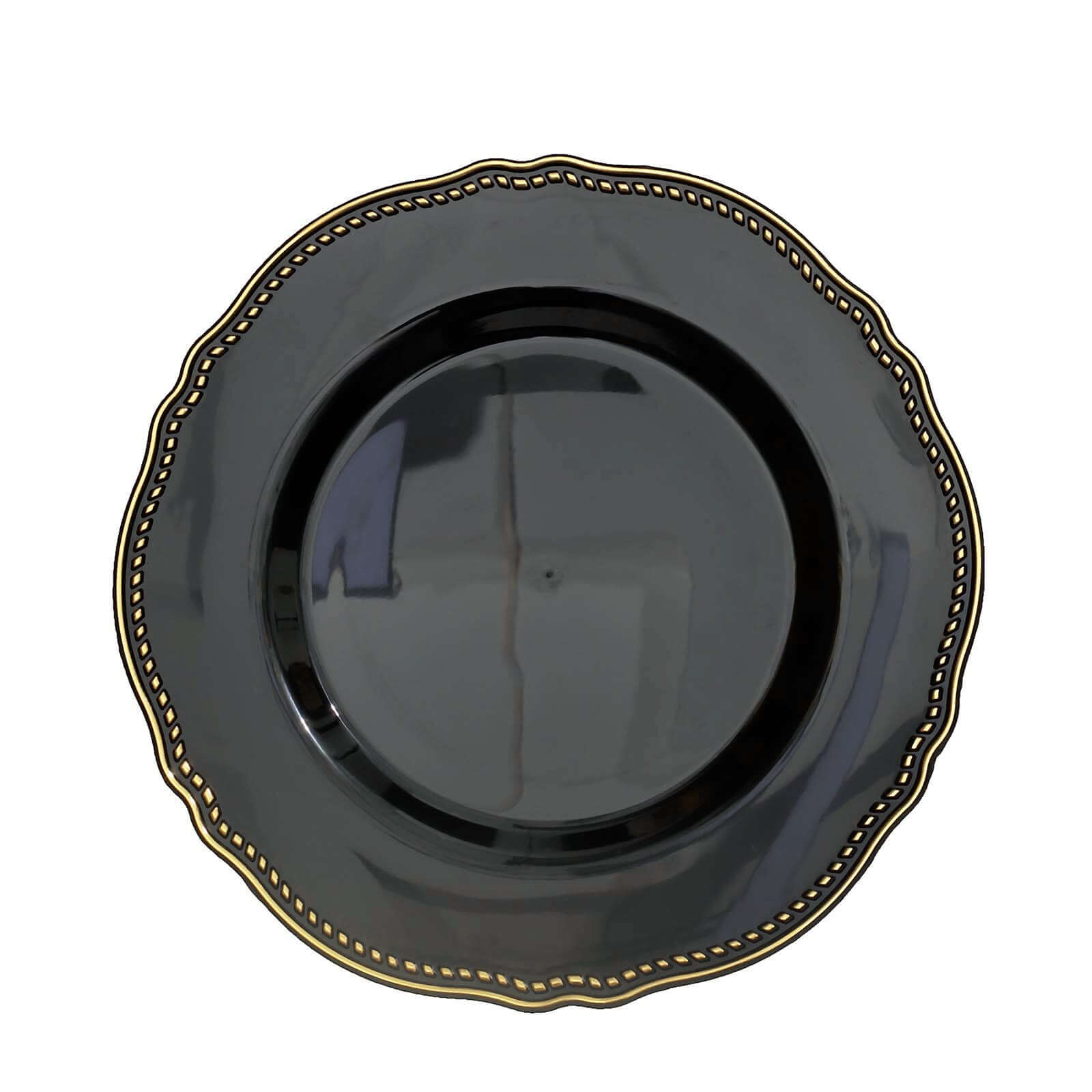 10-Piece Set of Disposable Black Plastic Dinner Plates with Gold Scalloped Rim, 9 Inches for Upscale Events
