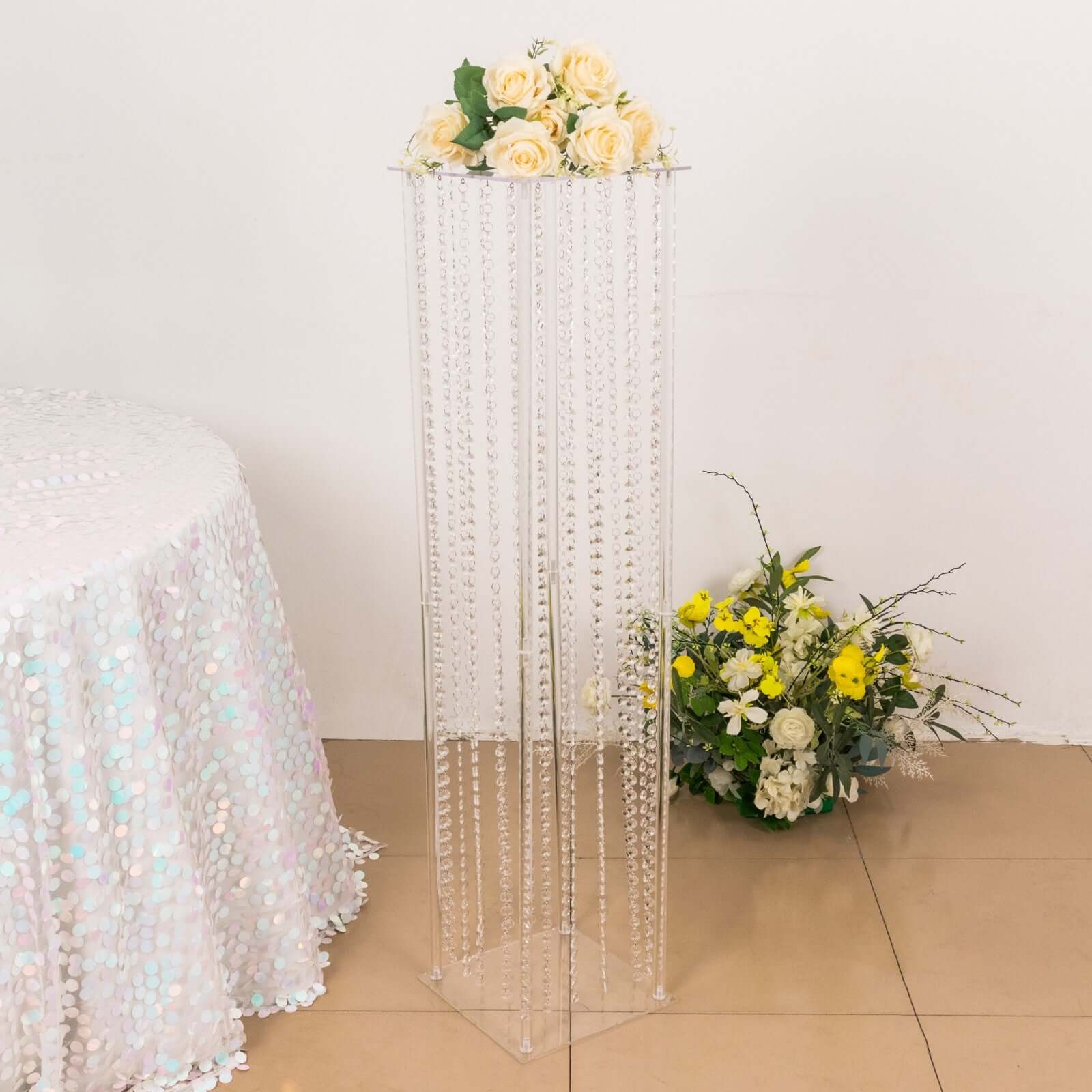 Clear Acrylic Flower Pedestal Vase with Crystal Beads - Ideal Wedding Floor Centerpiece