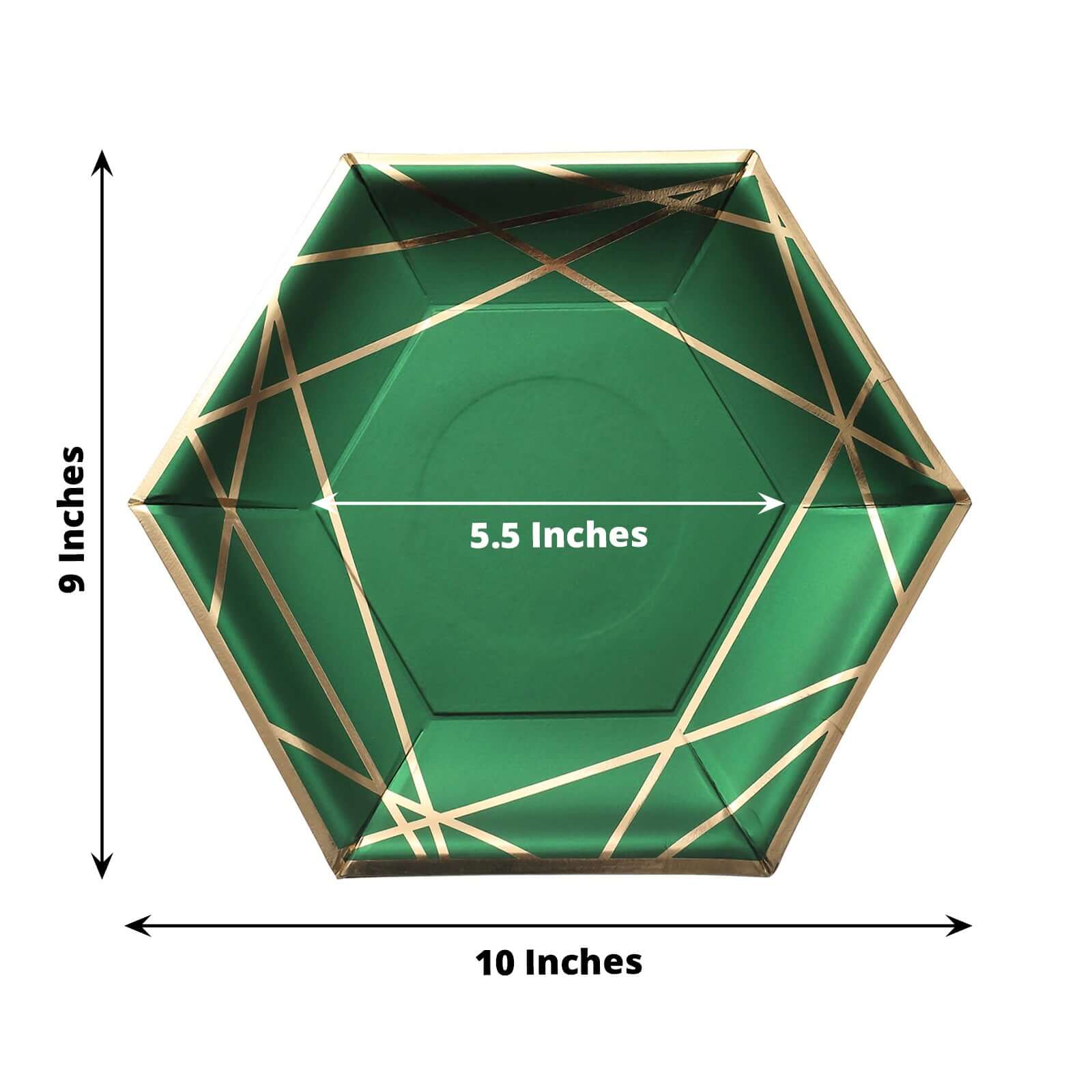25-Piece Set of Hunter Emerald Green Paper Hexagon Dinner Plates with Gold Geometric Rim