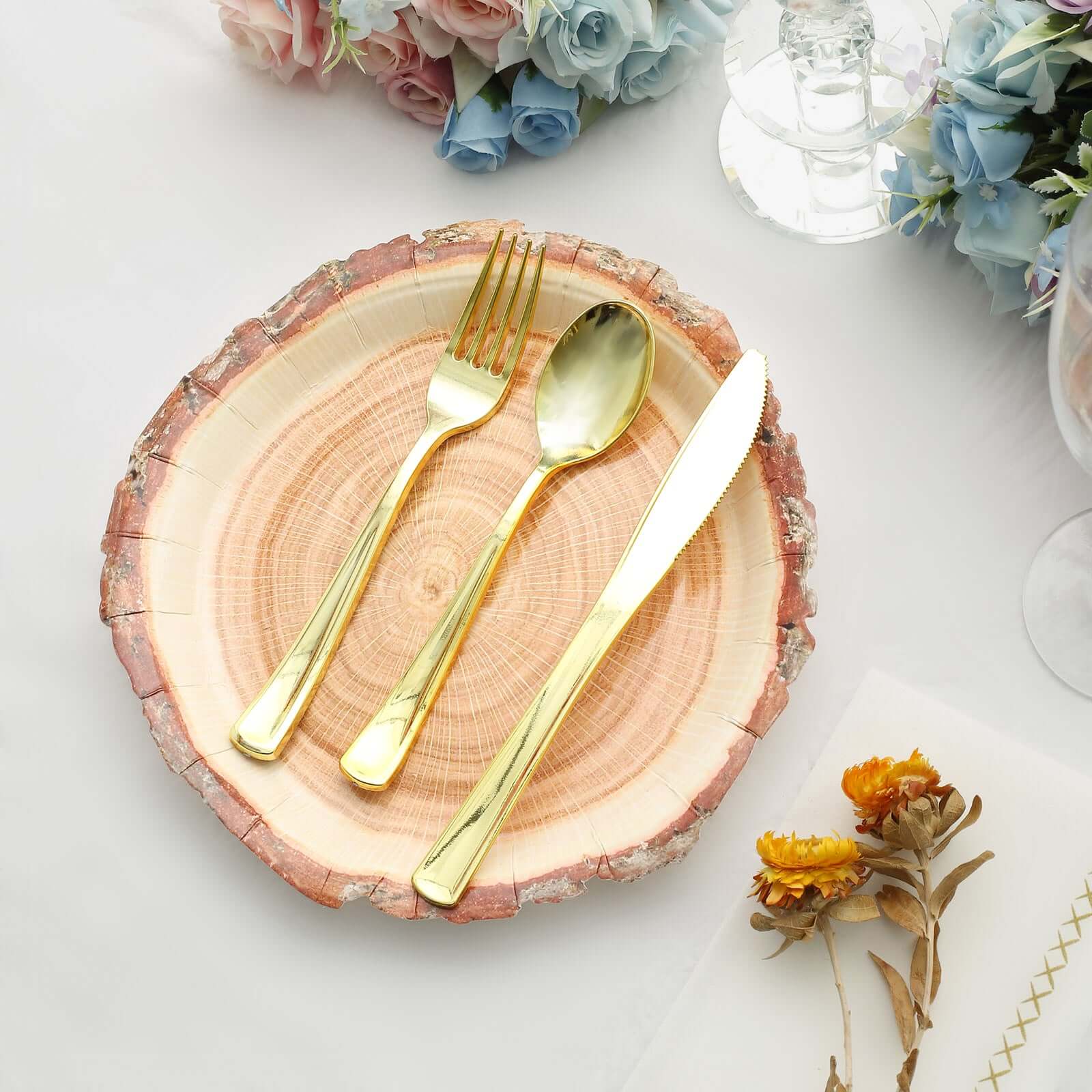 Get 25-Piece Set of Disposable Round Dinner Paper Plates with Rustic Natural Wood Slice Print