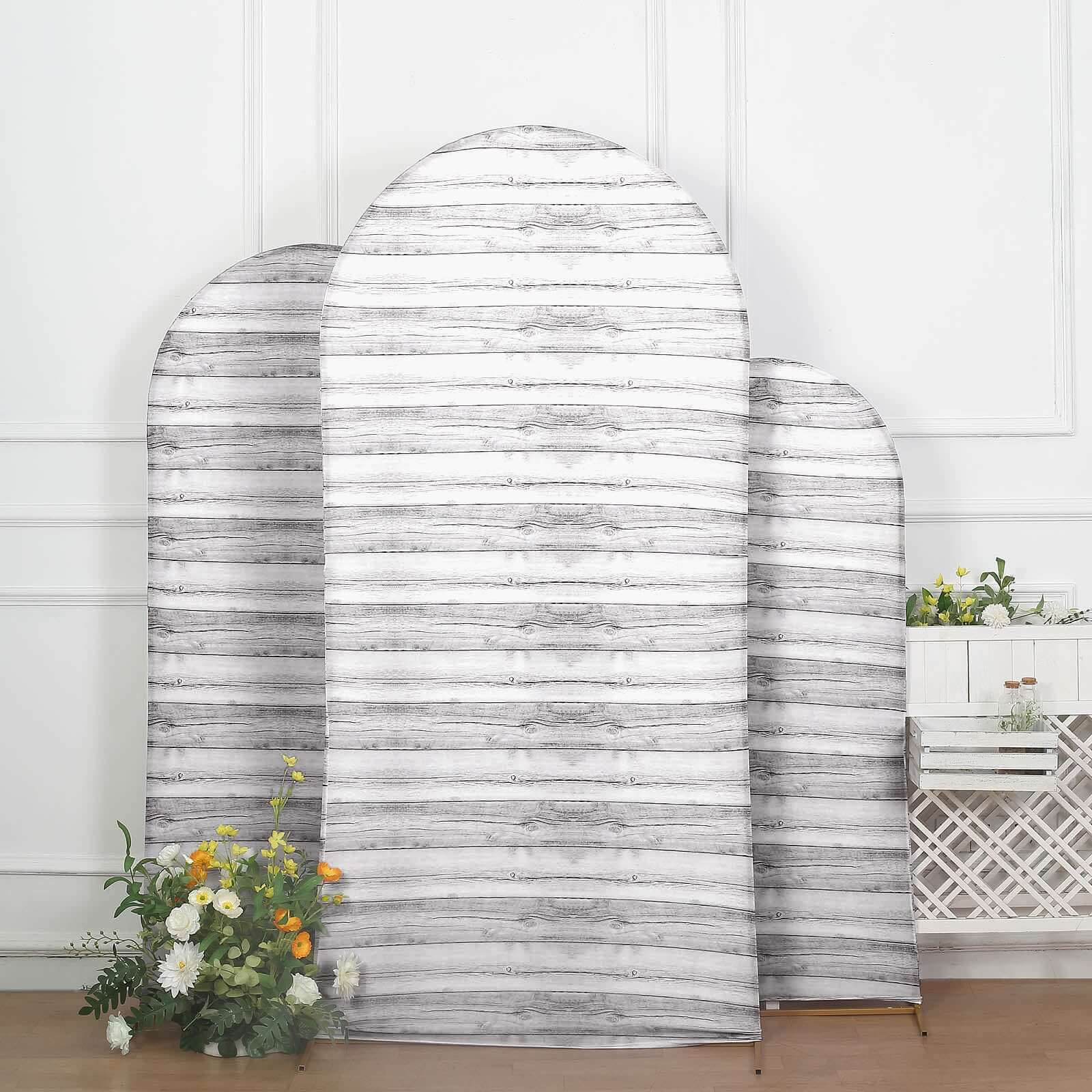 Special Offer! Set of 3 White Rustic Wood Pattern Spandex Covers for Round Top Chiara Wedding Arch Backdrops - 5ft, 6ft, 7ft