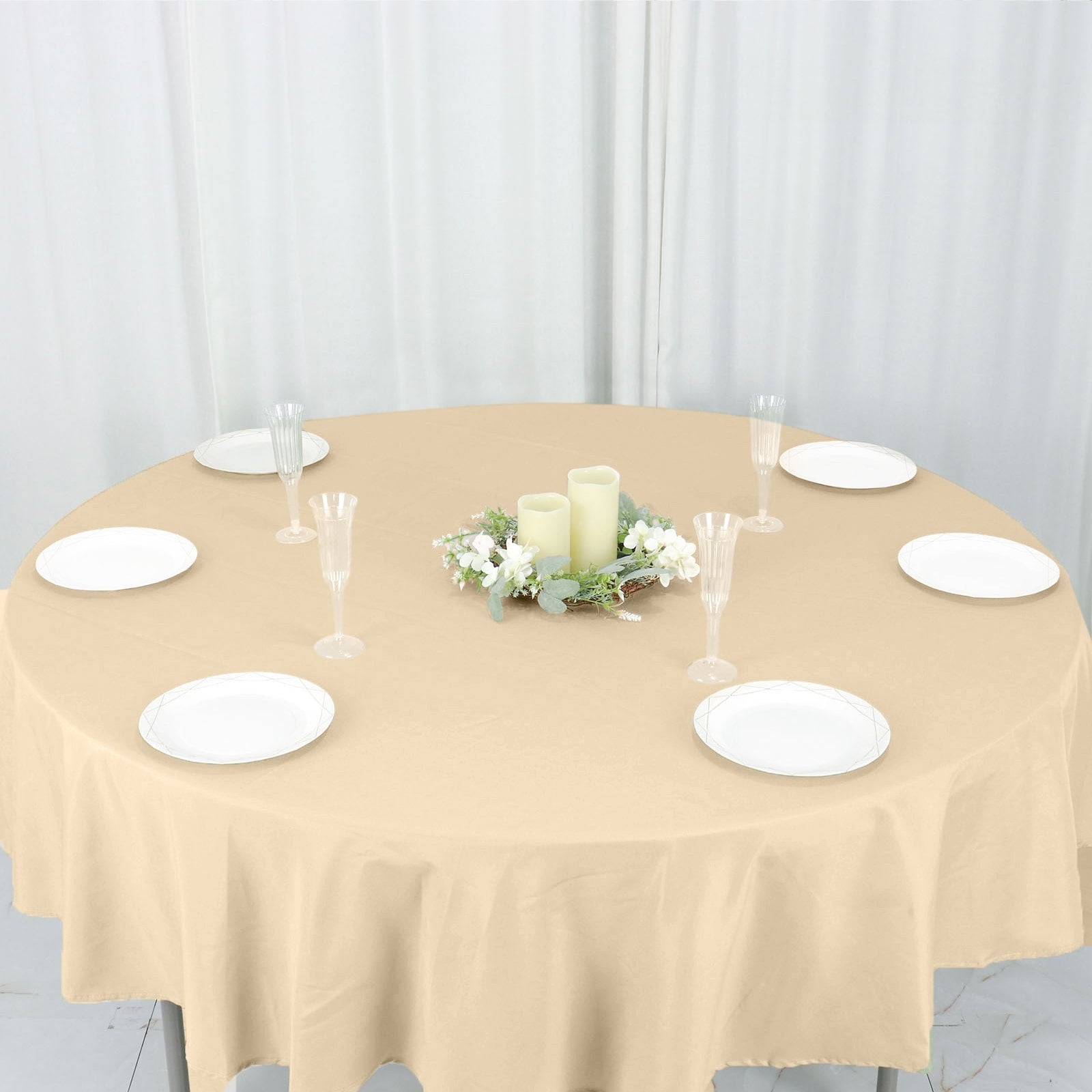 Beige 90" Round Polyester Tablecloth - Stain & Wrinkle-Free, Ideal for Events