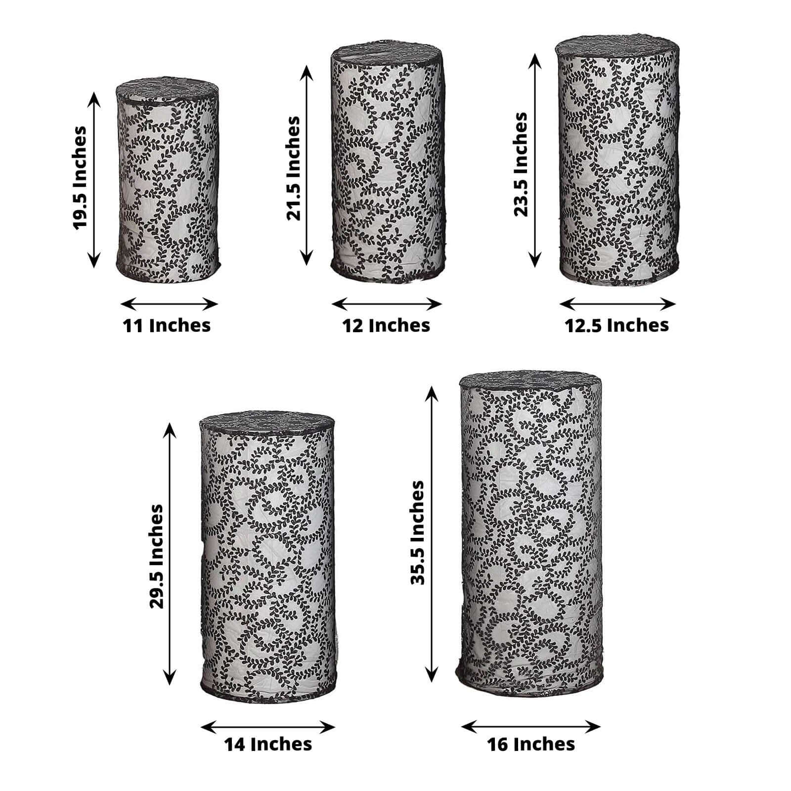 Set of 5 Sparkling Black Sequin Mesh Cylinder Pedestal Covers with Leaf Vine Design