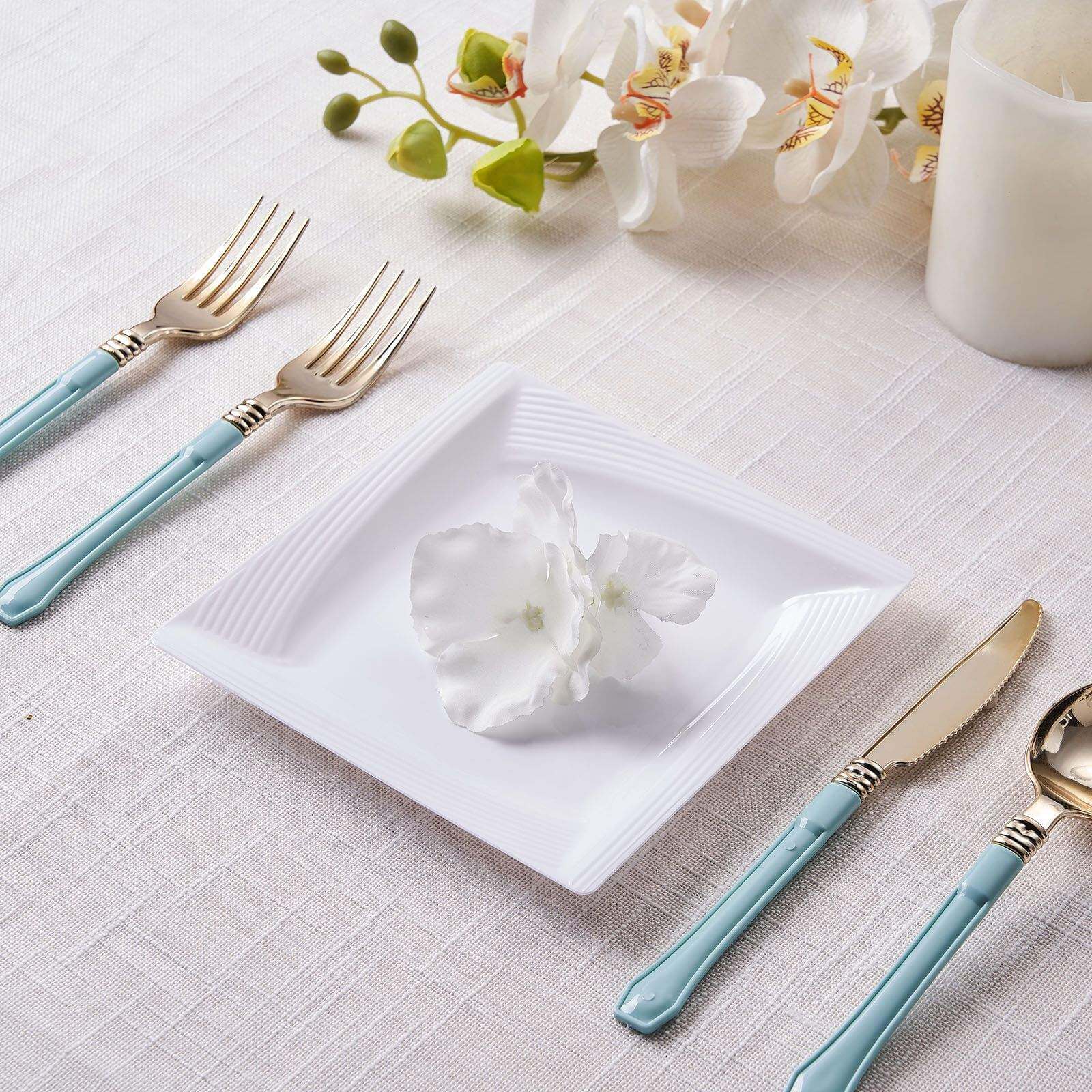 10-Pack White Disposable Plastic Square Dessert and Salad Plates with Geometric Ridge Trim for Stylish Events