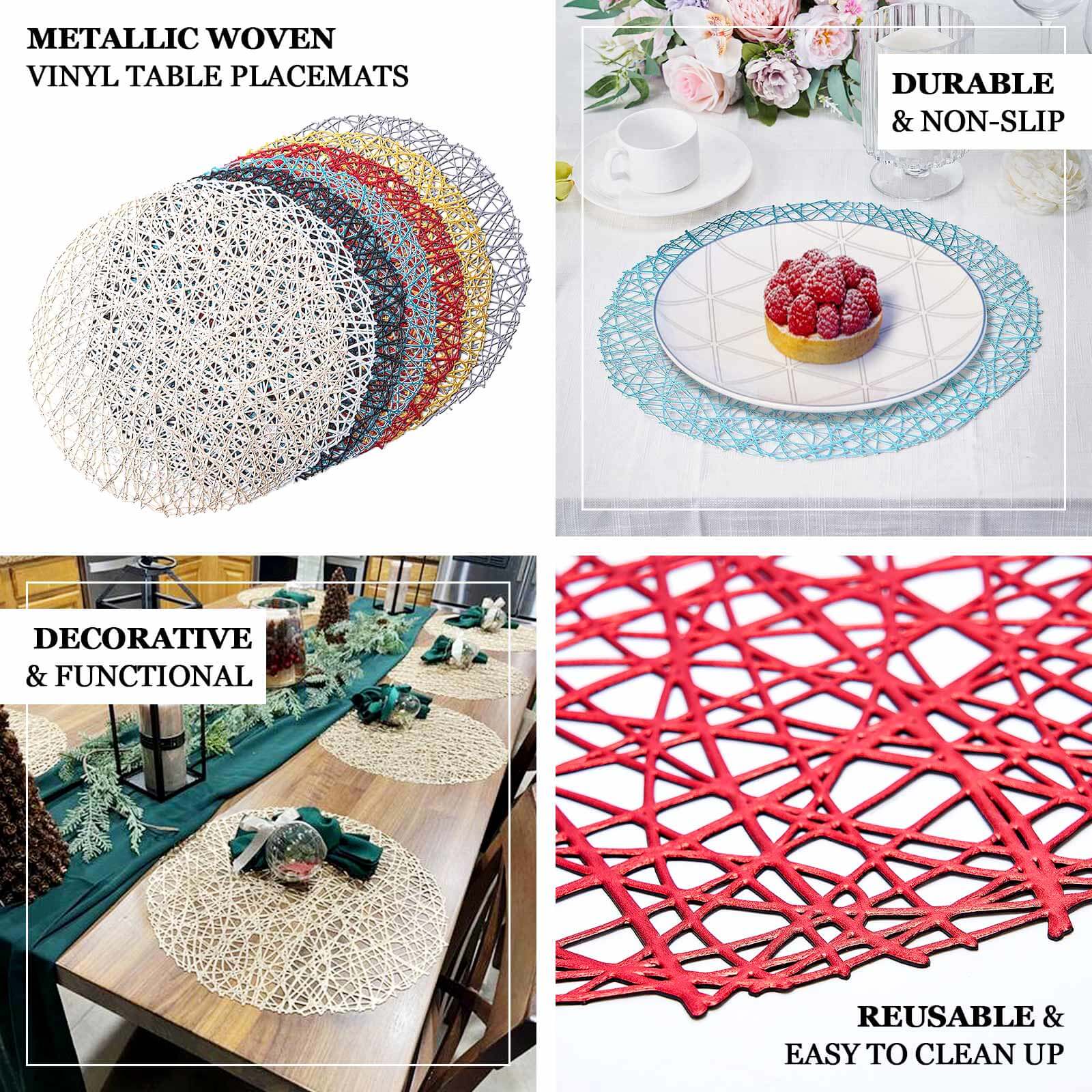 Hot Sale! 6-Piece Set of Durable Rose Gold Vinyl Round Dining Table Placemats with Woven Design